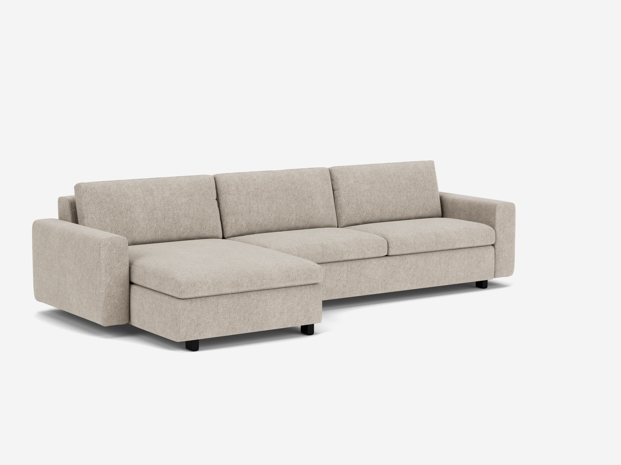 Corner view of the beige fabric Reva modern sectional with left hand facing chaise