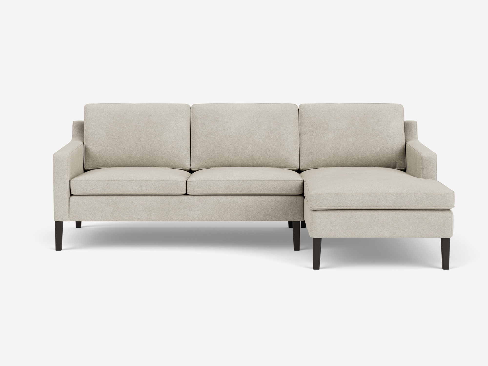 Front view of the Skye modern sectional sofa in grey fabric with right hand chaise