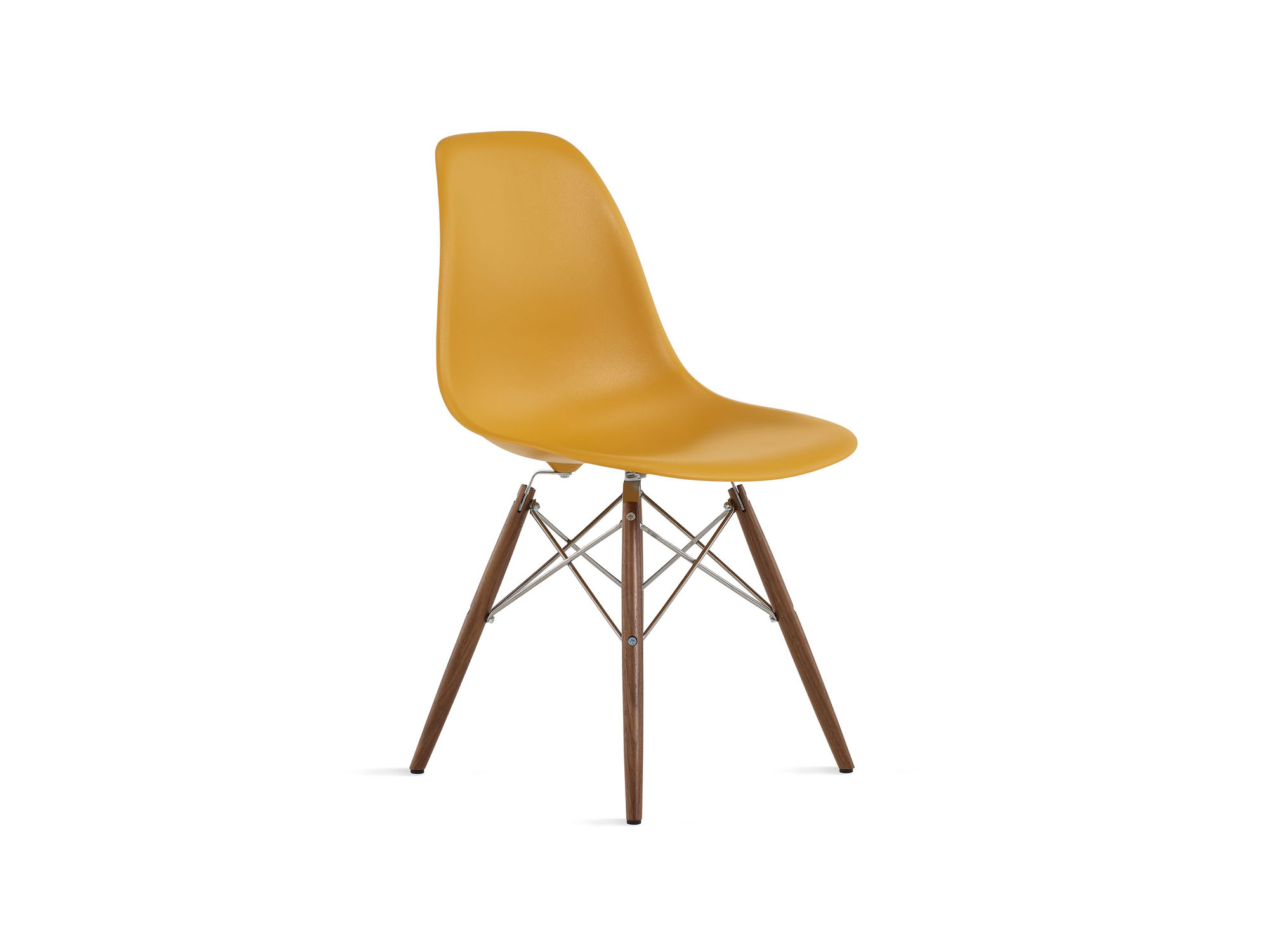 Front angle view of yellow chair with walnut dowels