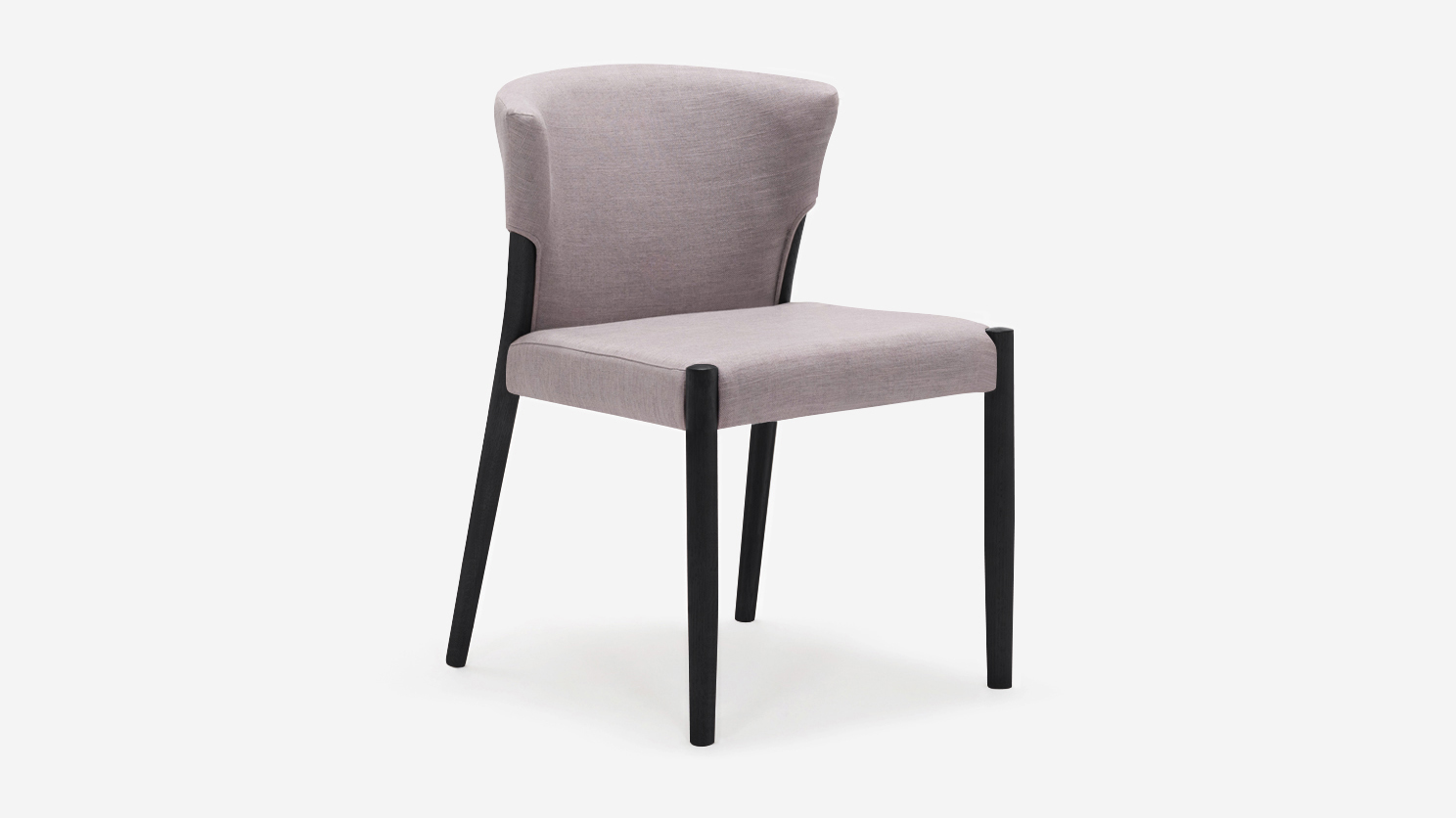 Corner view of black oak and grey upholstered dining chair