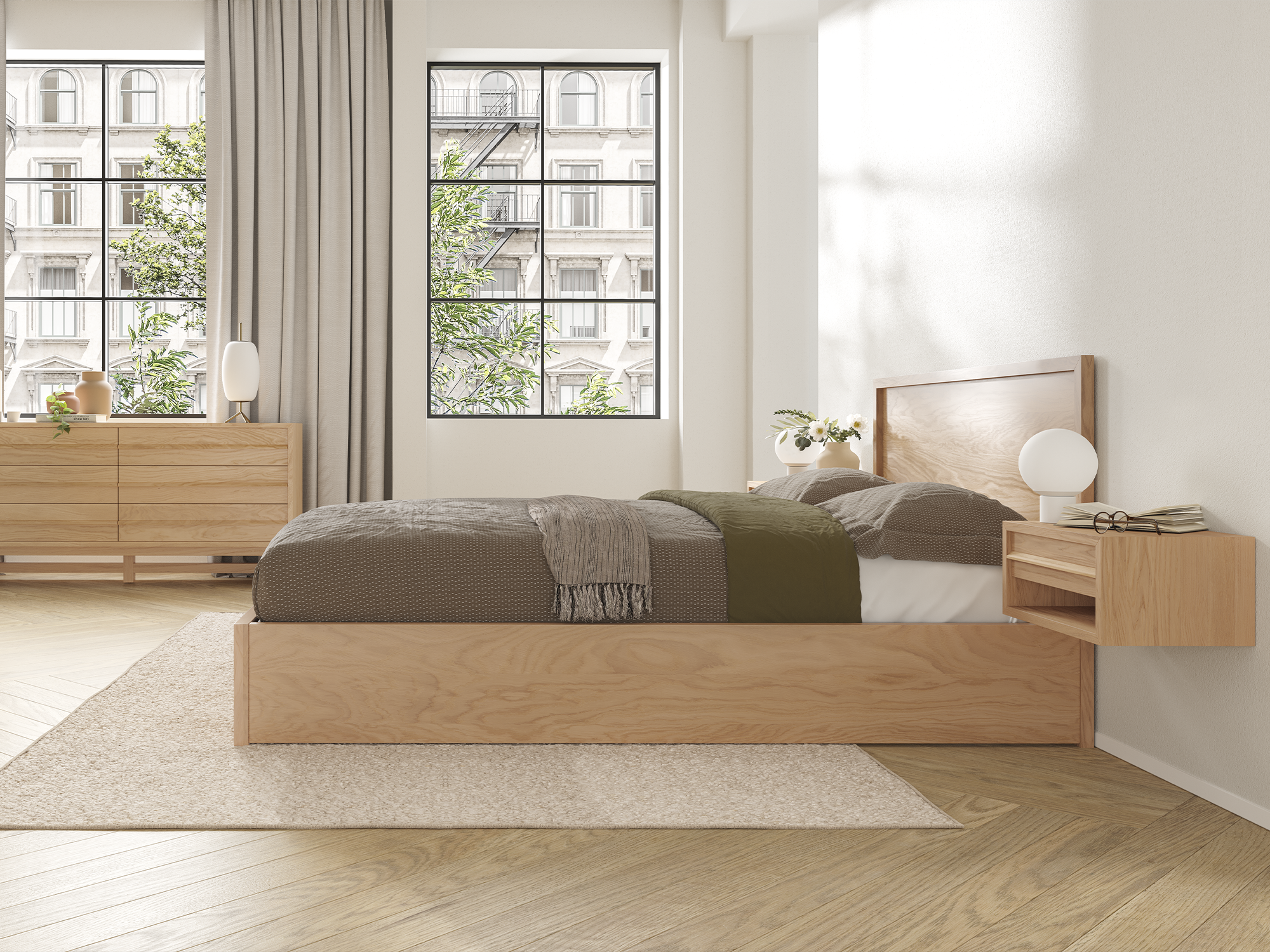 Oak floating nightstand, panel bed frame, and double dresser in bright modern bedroom