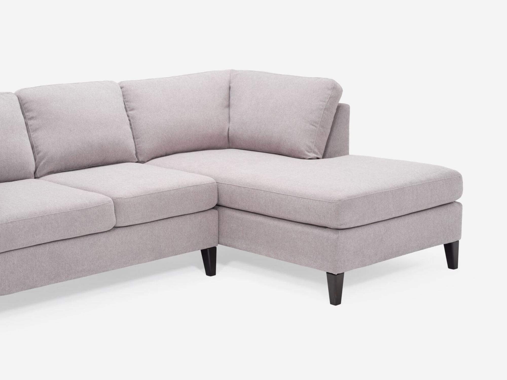 Detail chaise view of the Salema modern sectional couch in grey fabric with right hand chaise