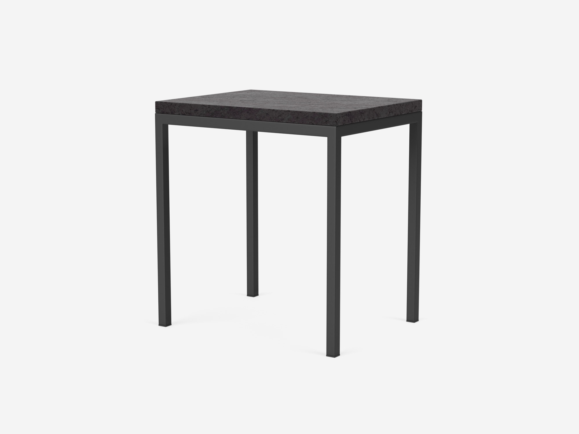 Corner view of black marble top and black legs end table