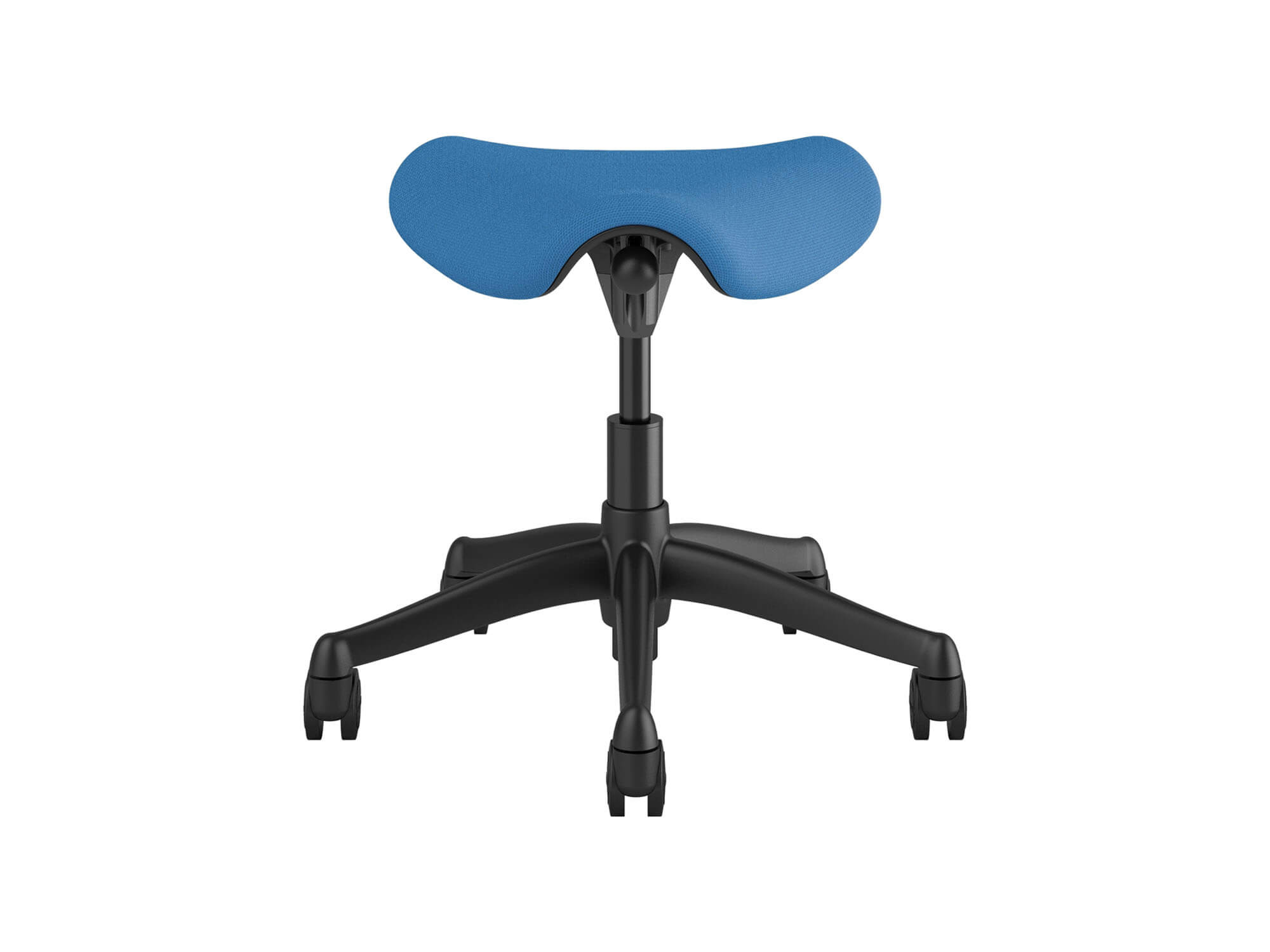 Front view of blue saddle stool