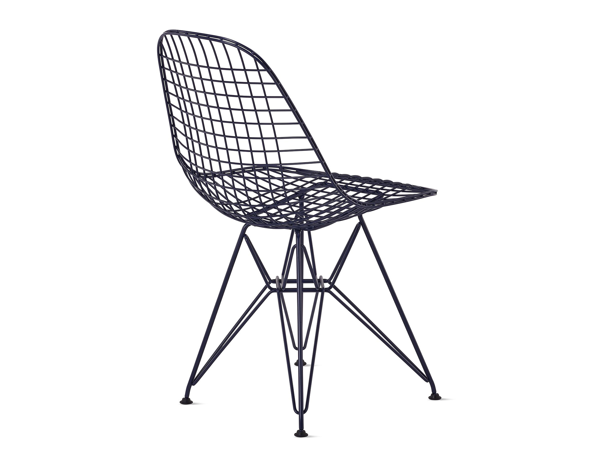 Back angle view of black blue wire chair with wire base