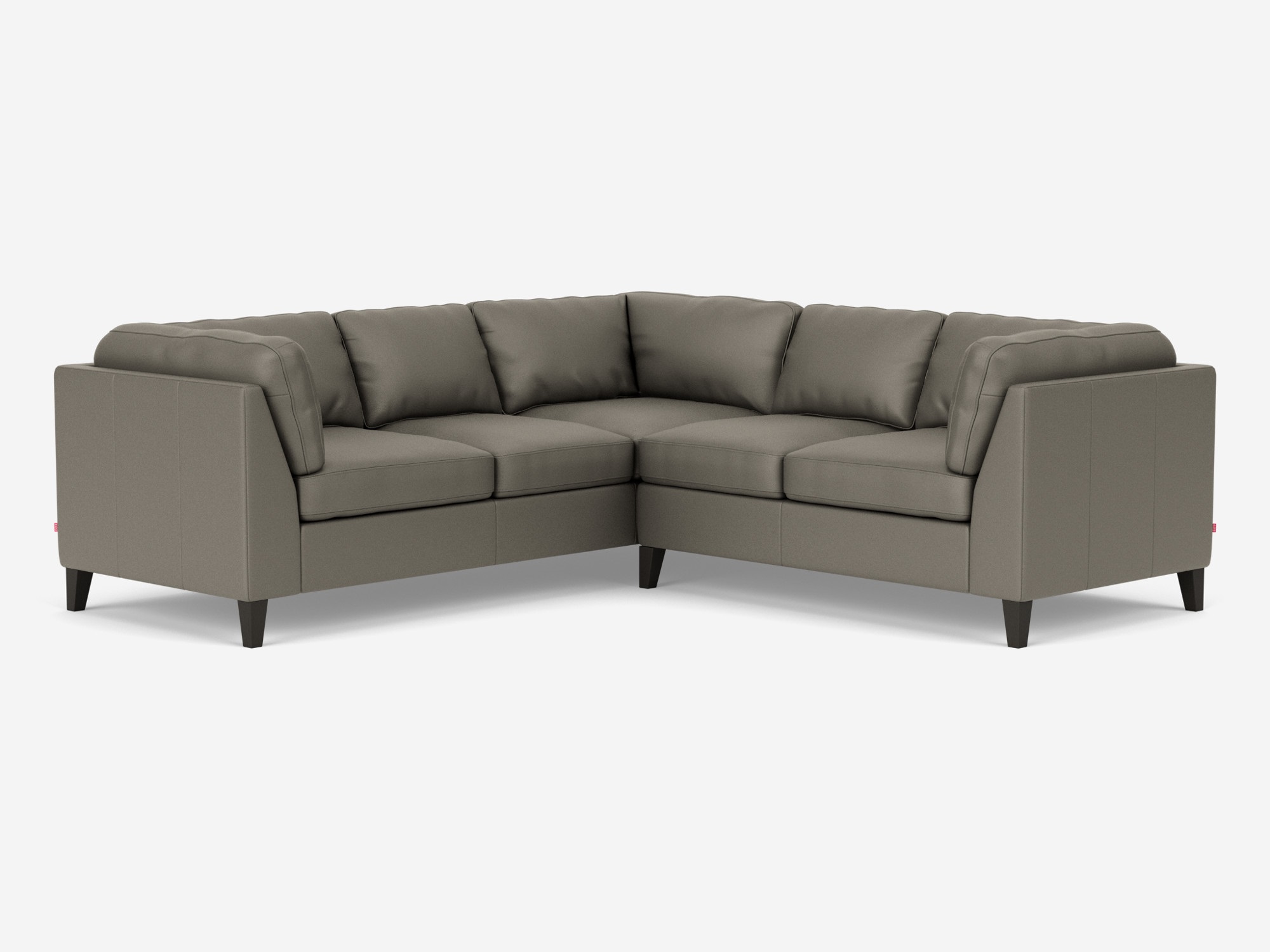 Front angled view of the Salema large sectional sofa in gray leather with right hand facing loveseat