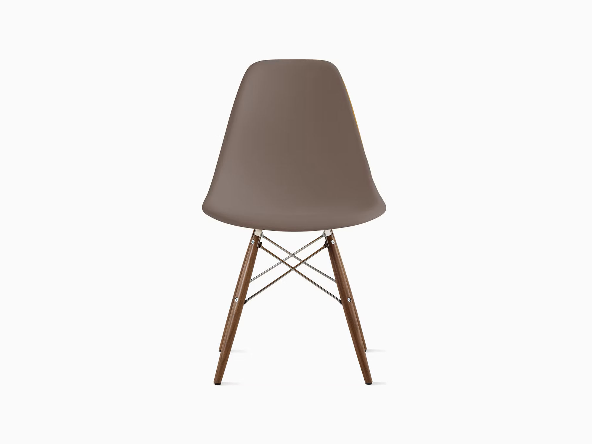 Front view of taupe chair with walnut dowels