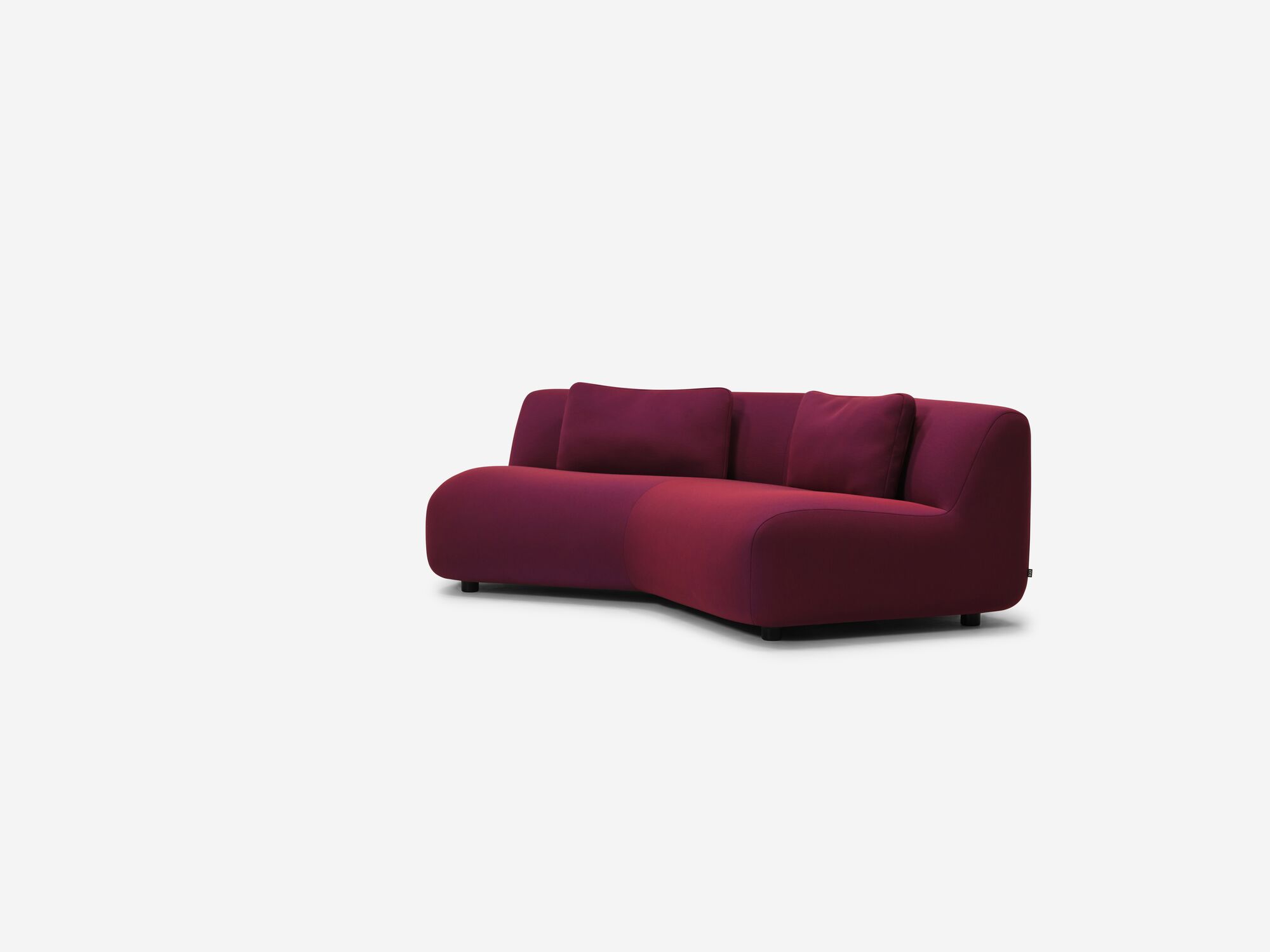 Red purple curved sofa front right angle view