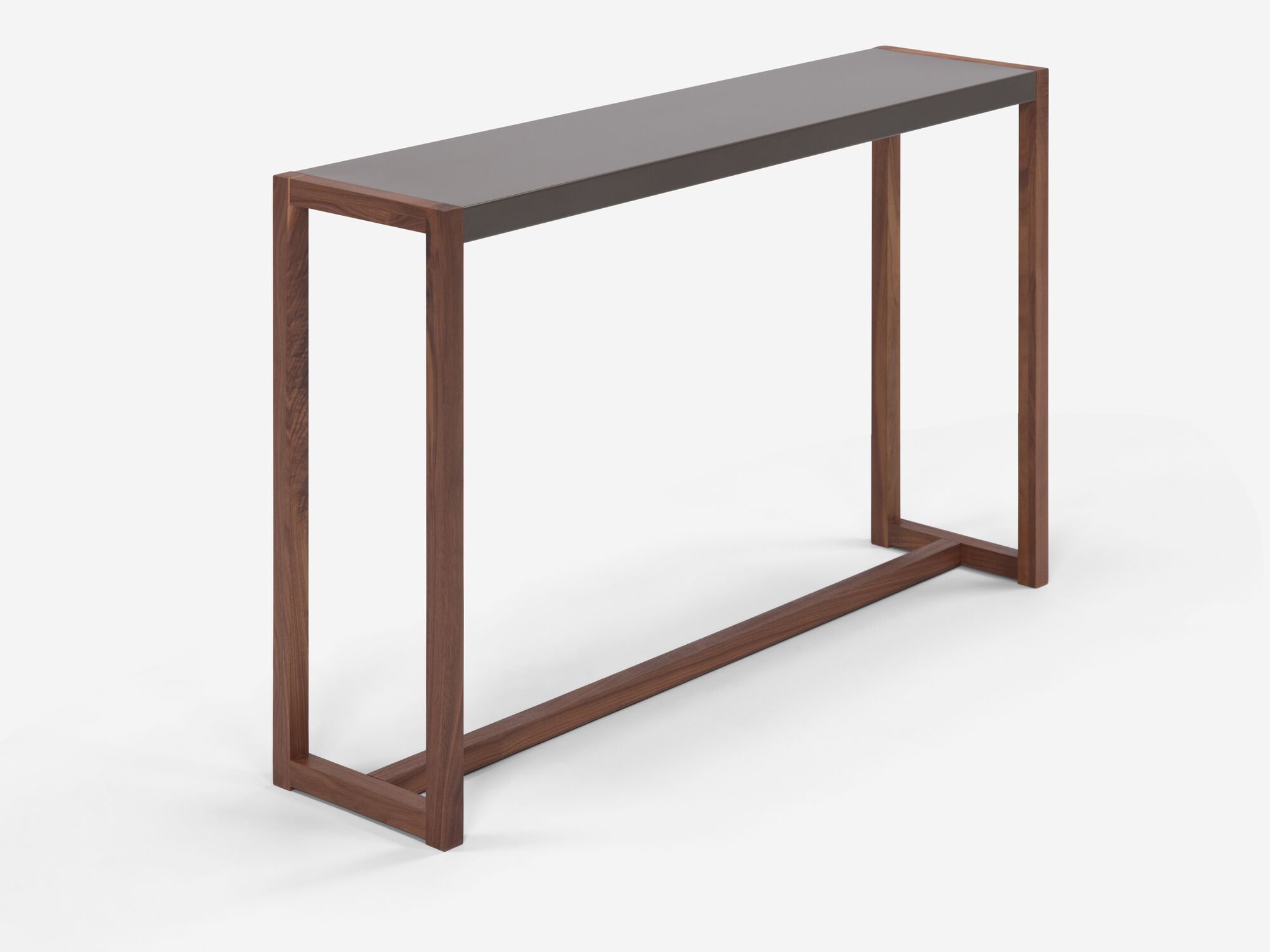 Detail view of black and walnut console table