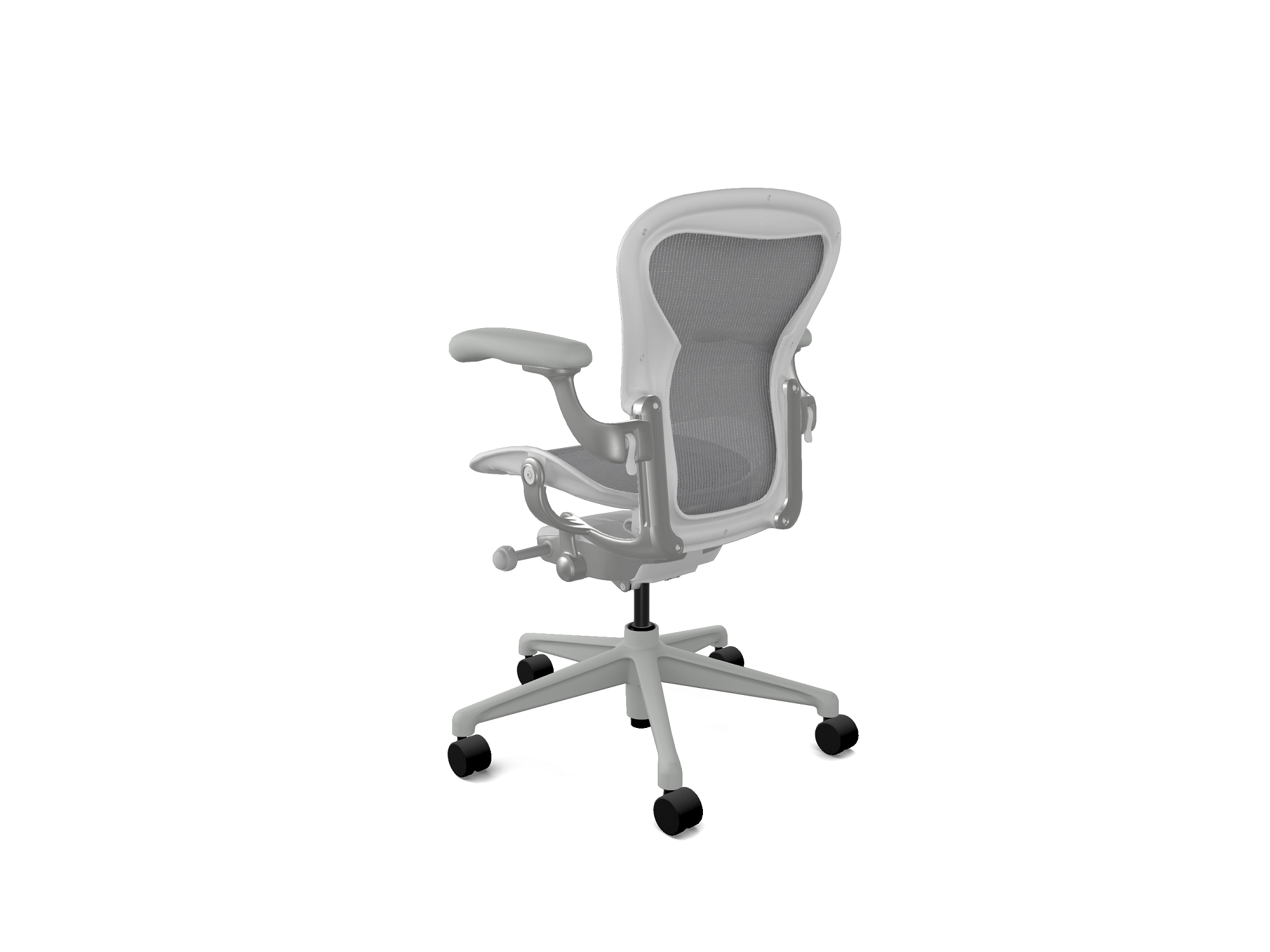 Back right corner view of the Aeron basic Herman Miller office chair in mineral with mineral base