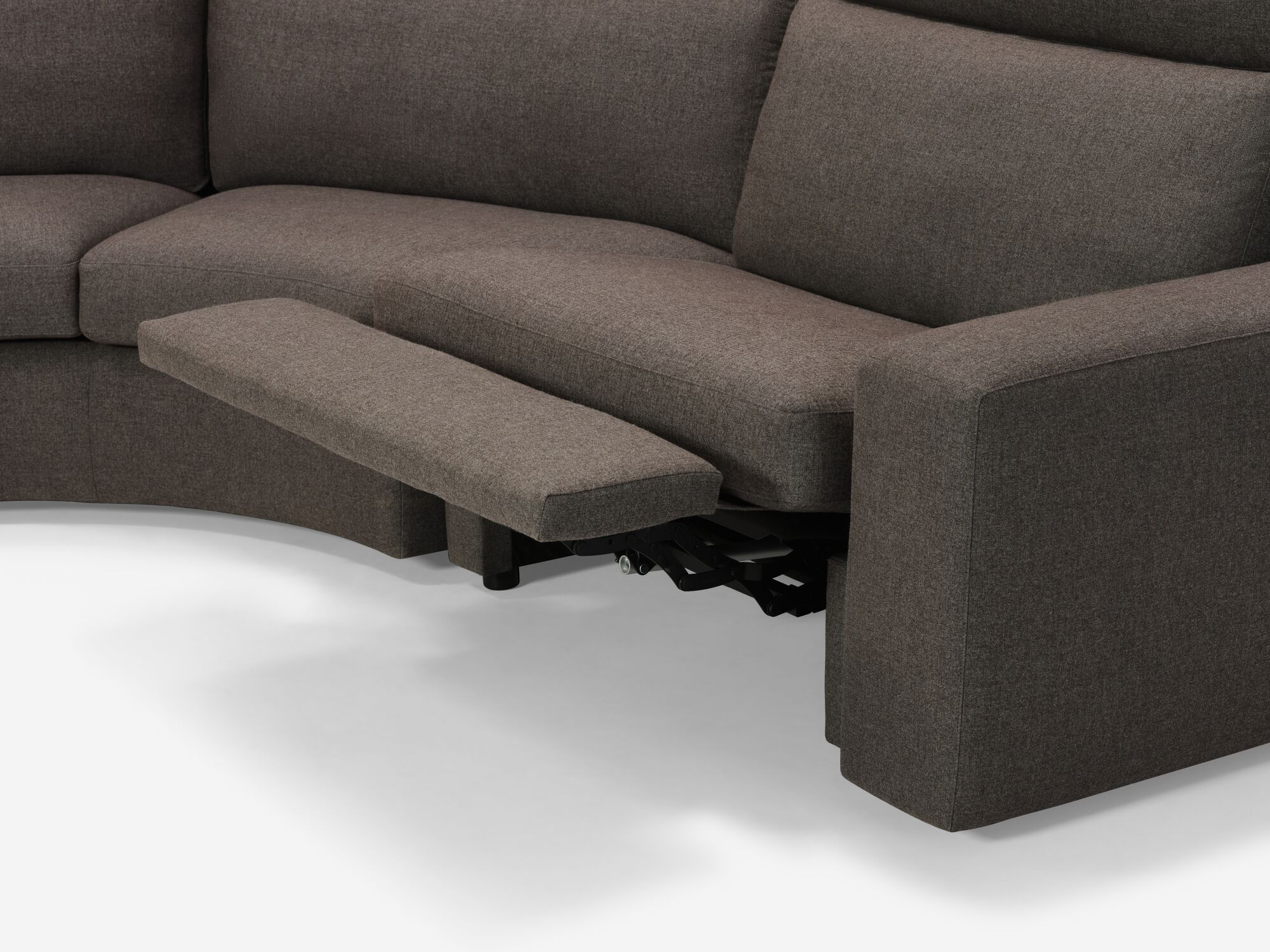 Arm detail view of charcoal reclining sectional with seat reclined