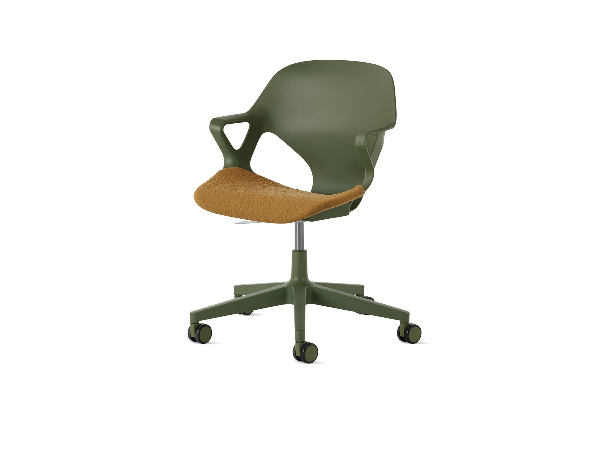 Olive Zeph armchair with mustard cushion front angle view