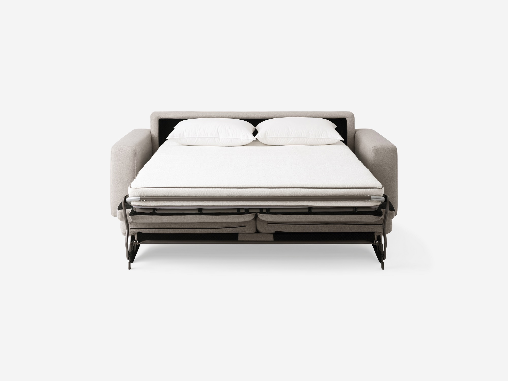 Front view of the Reva modern sofa bed in beige fabric with bed unfolded