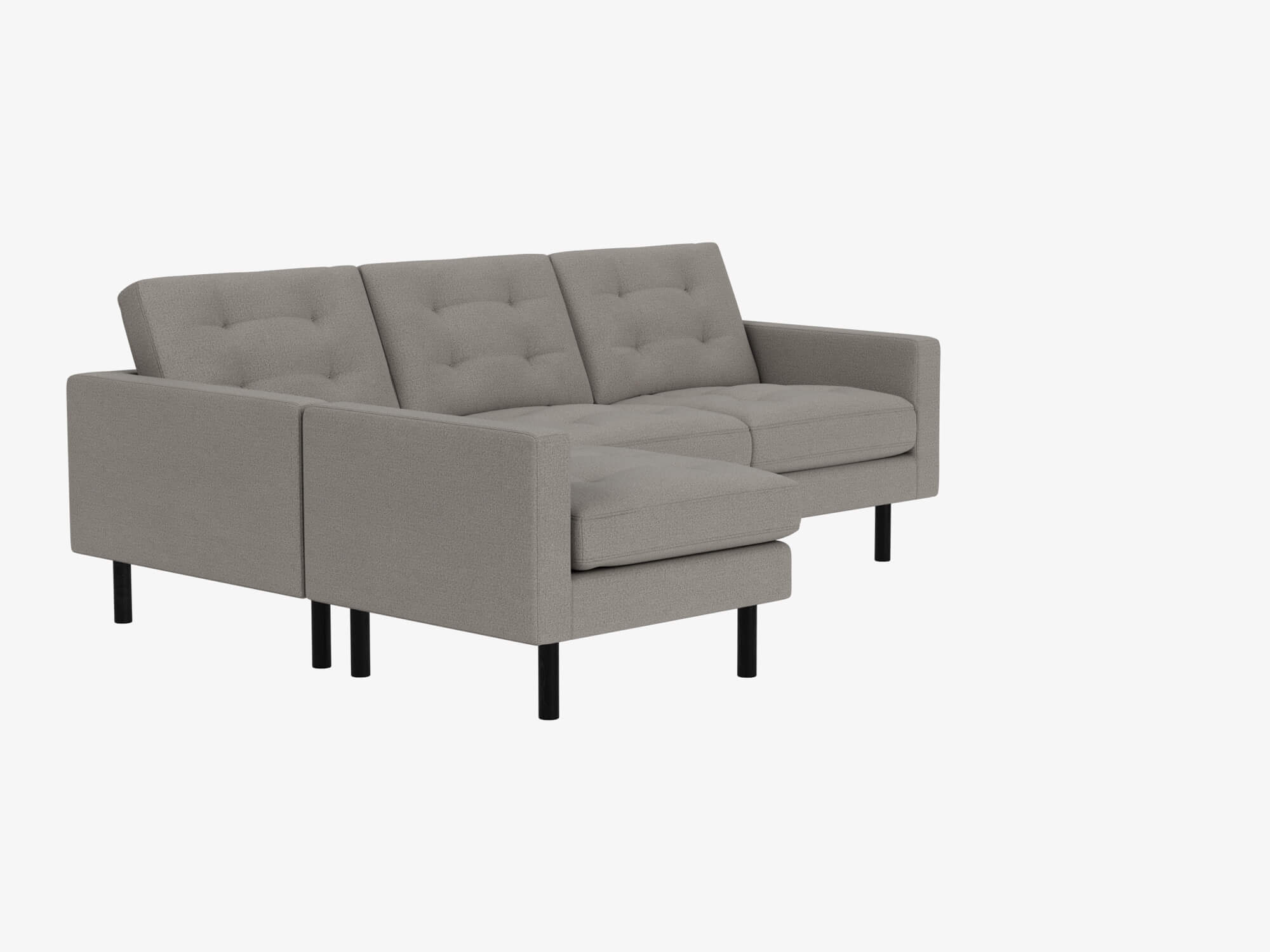 Grey tufted sectional sofa with left hand chaise front angled view