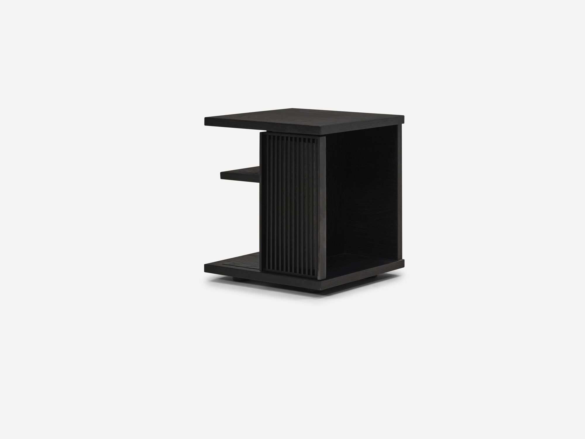 Corner right view of the Plank accent table canada in black oak with slats