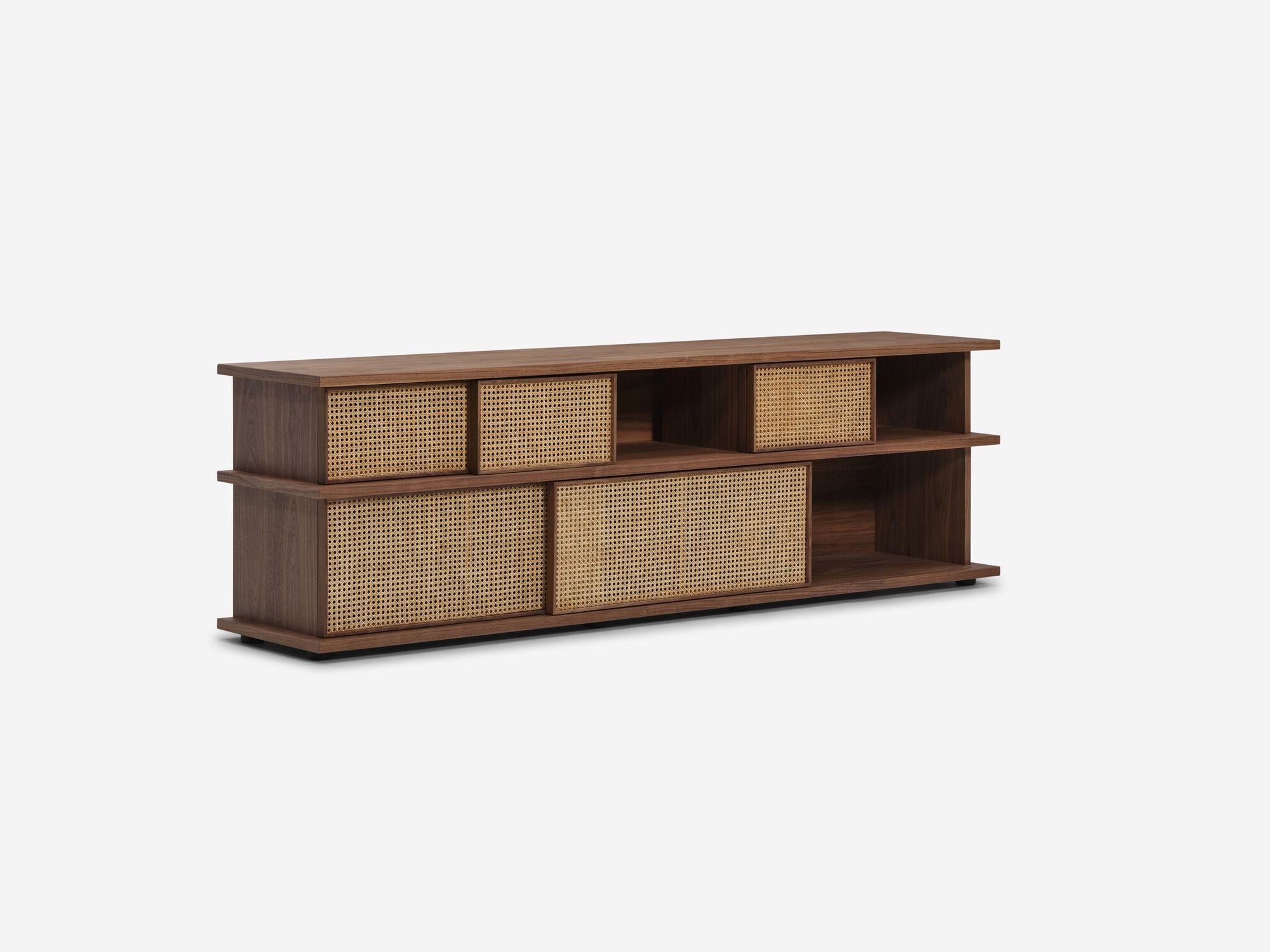 Tall walnut media unit with natural cane open doors front angle view