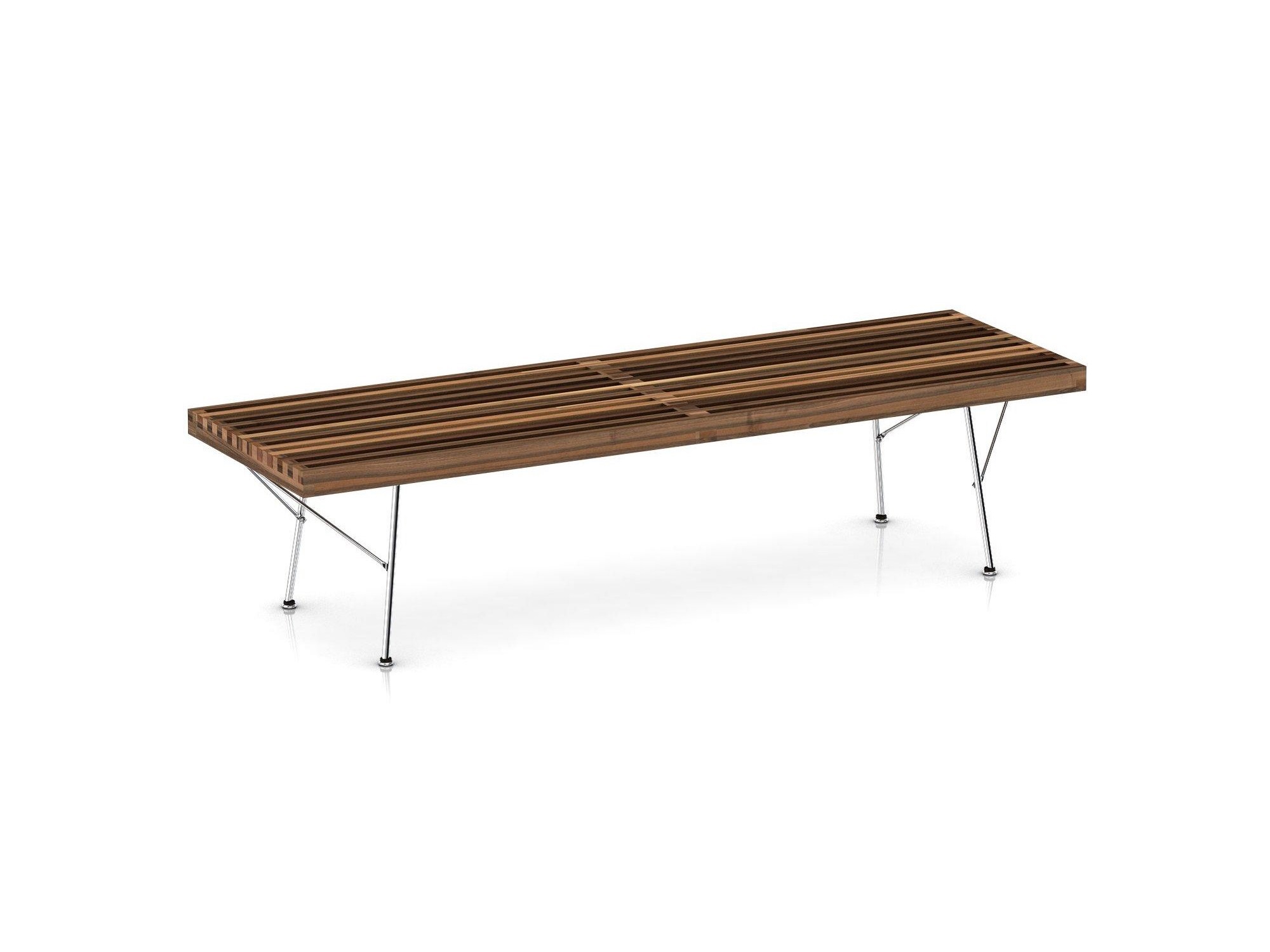 Left angle view of medium walnut bench with chrome legs