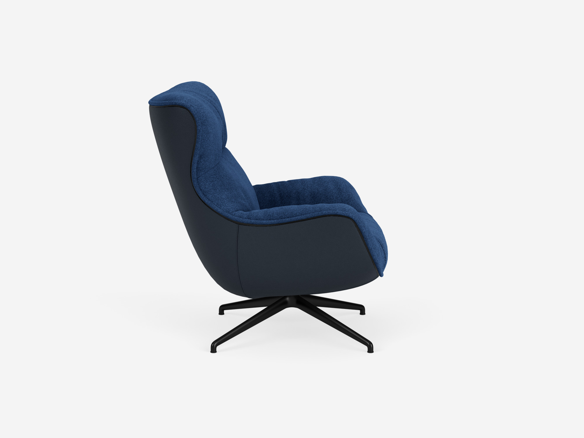 Side view of blue custom upholstered swivel chair