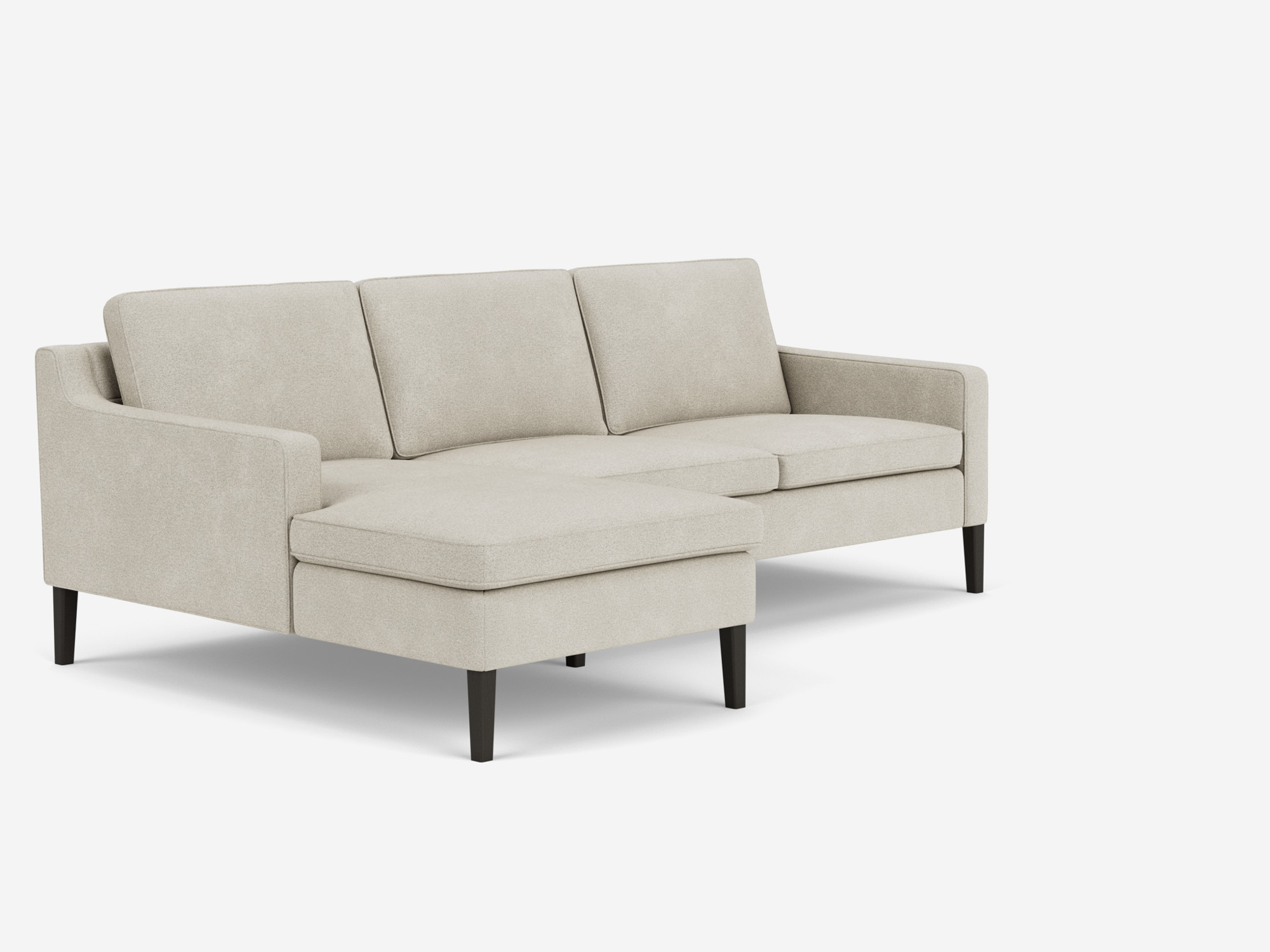 Front angled view of the Skye modern sectional sofa in grey fabric with left hand chaise