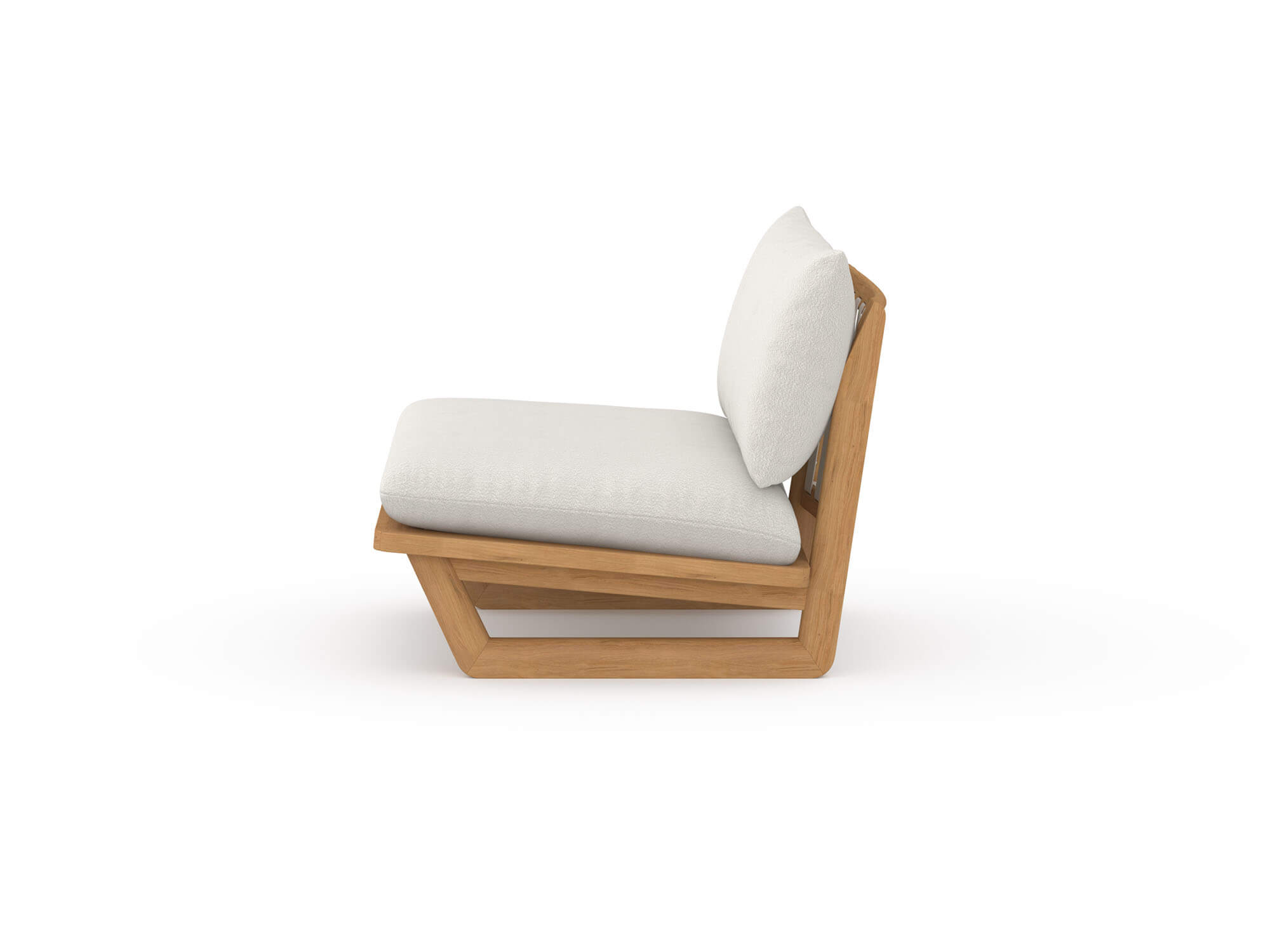 Side view of outdoor lounge chair with white cushions and wood legs