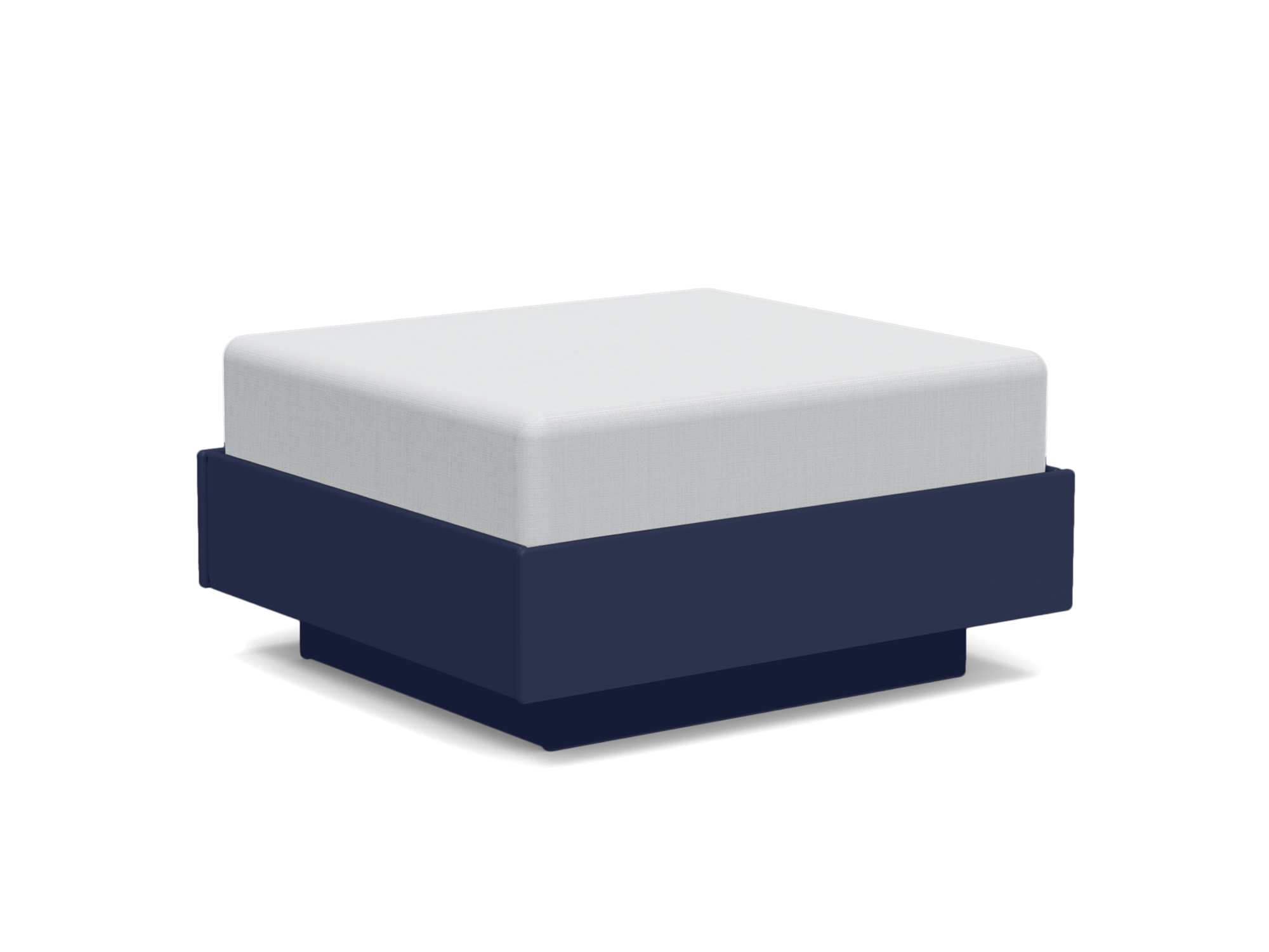 Vue d'angle avant du pouf extérieur bleu foncé et blanc