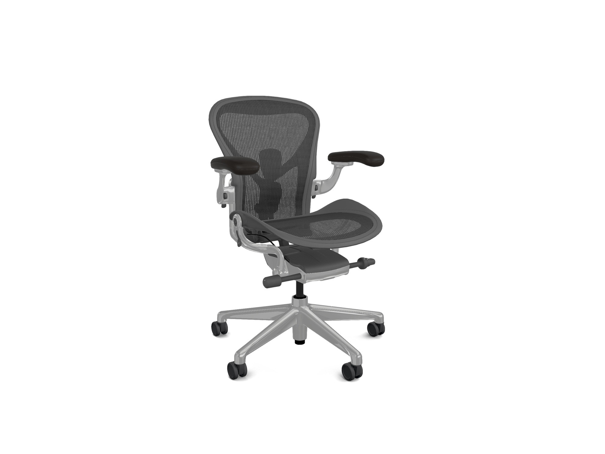 Front right corner view of the Aeron upgraded Herman Miller office chair in Graphite with polished base