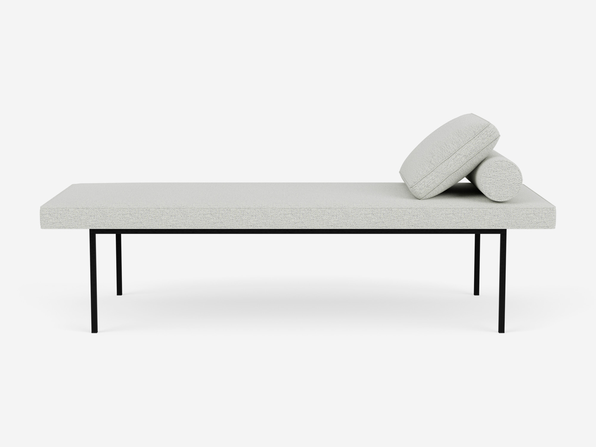 Side view of the Bank upholstered dining bench in light grey fabric with cushions