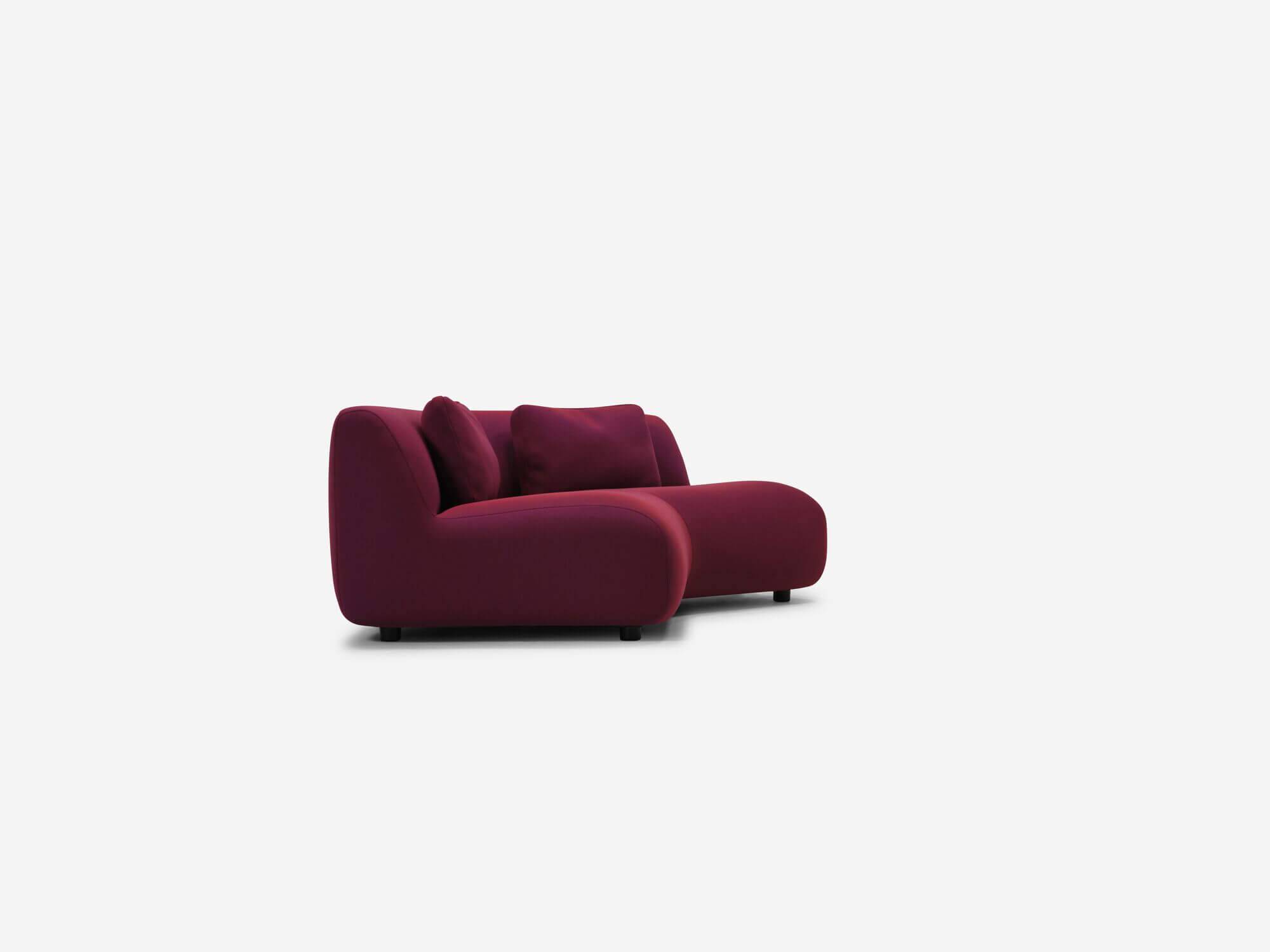 Left side view of red purple curved sofa