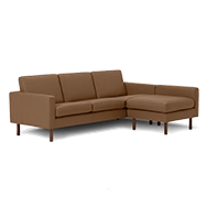 Front angle view of brown leather sectional sofa