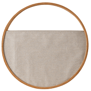 Front view of round fabric and wood basket