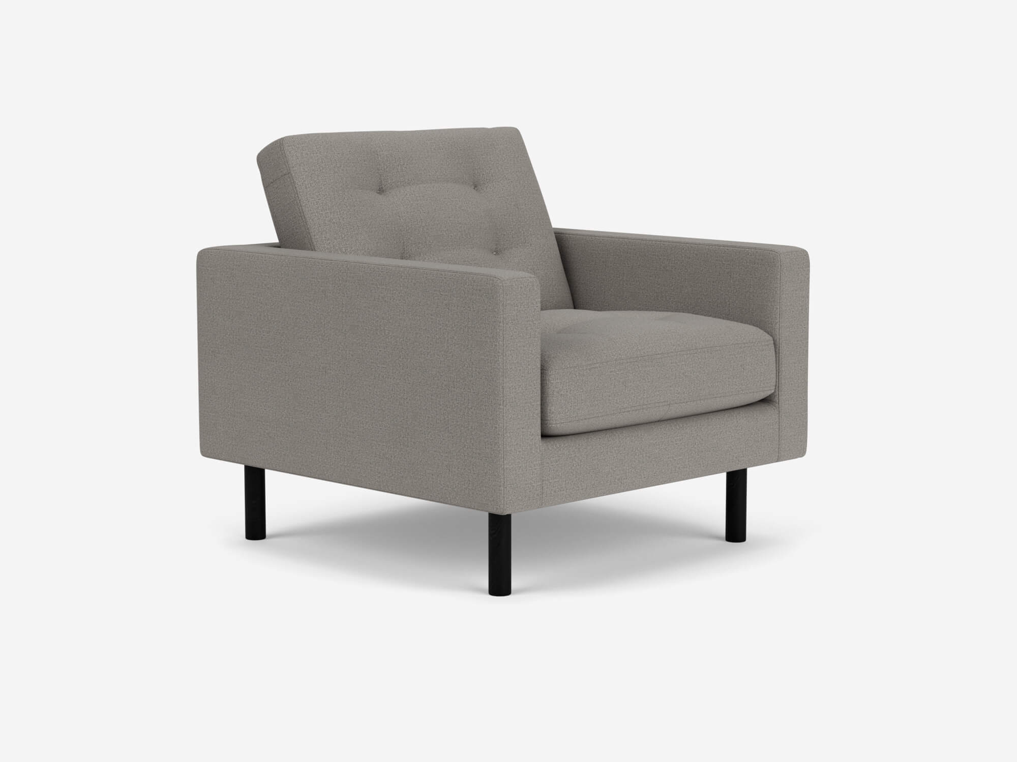 Grey tufted armchair front angle view