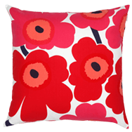 Front view of red poppy pattern unikko cushion