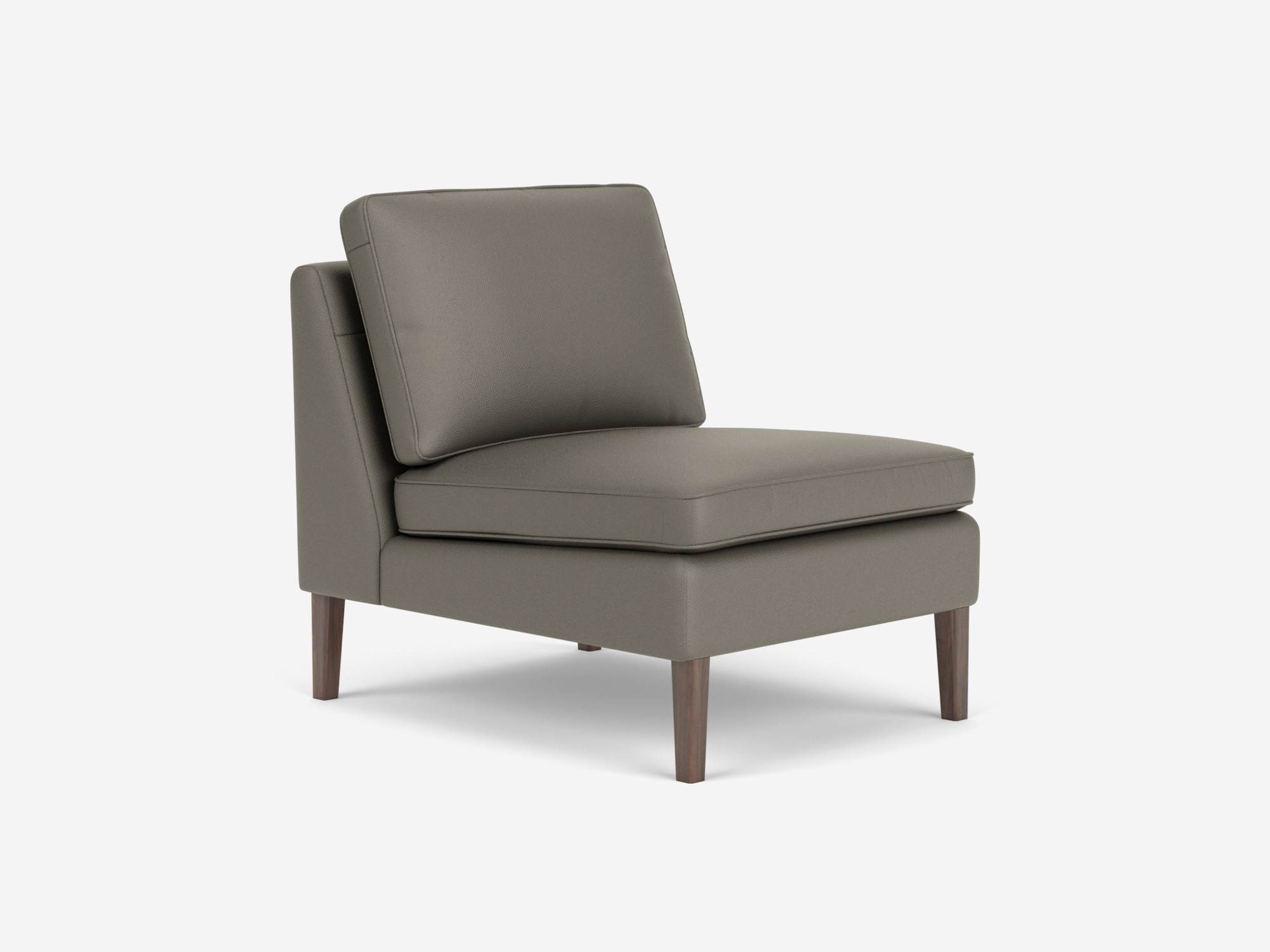 Front angled view of the Skye mid century modern armless chair in grey leather