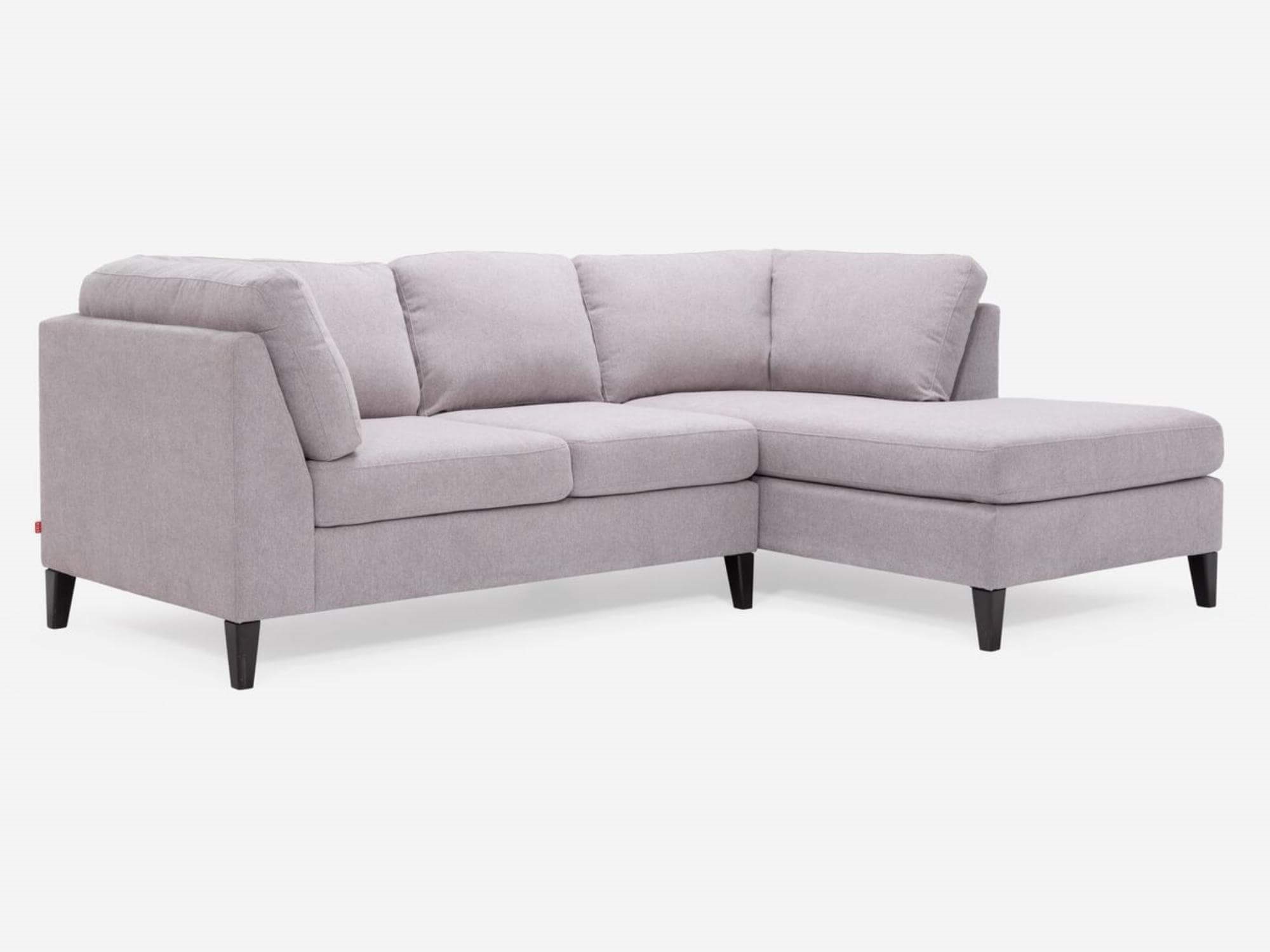 Corner view of the Salema modern sectional couch in grey fabric with right hand facing chaise