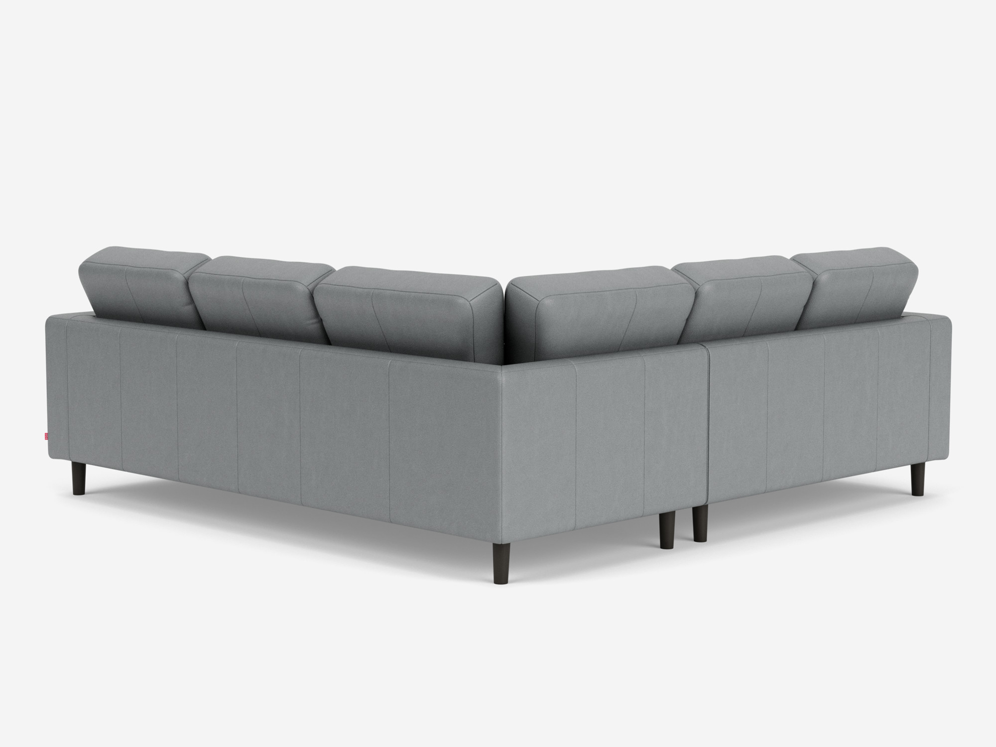 Back angled view of the Solo modular sofa left hand facing loveseat in grey leather