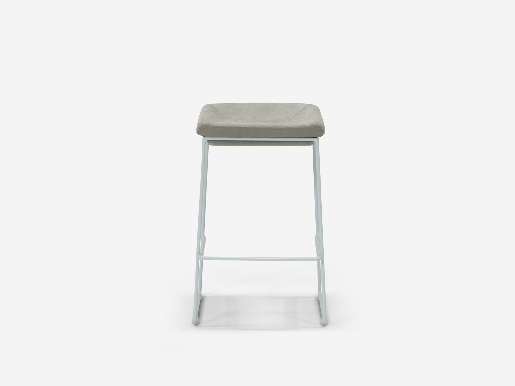 Front view of counter stool with grey seat and white legs