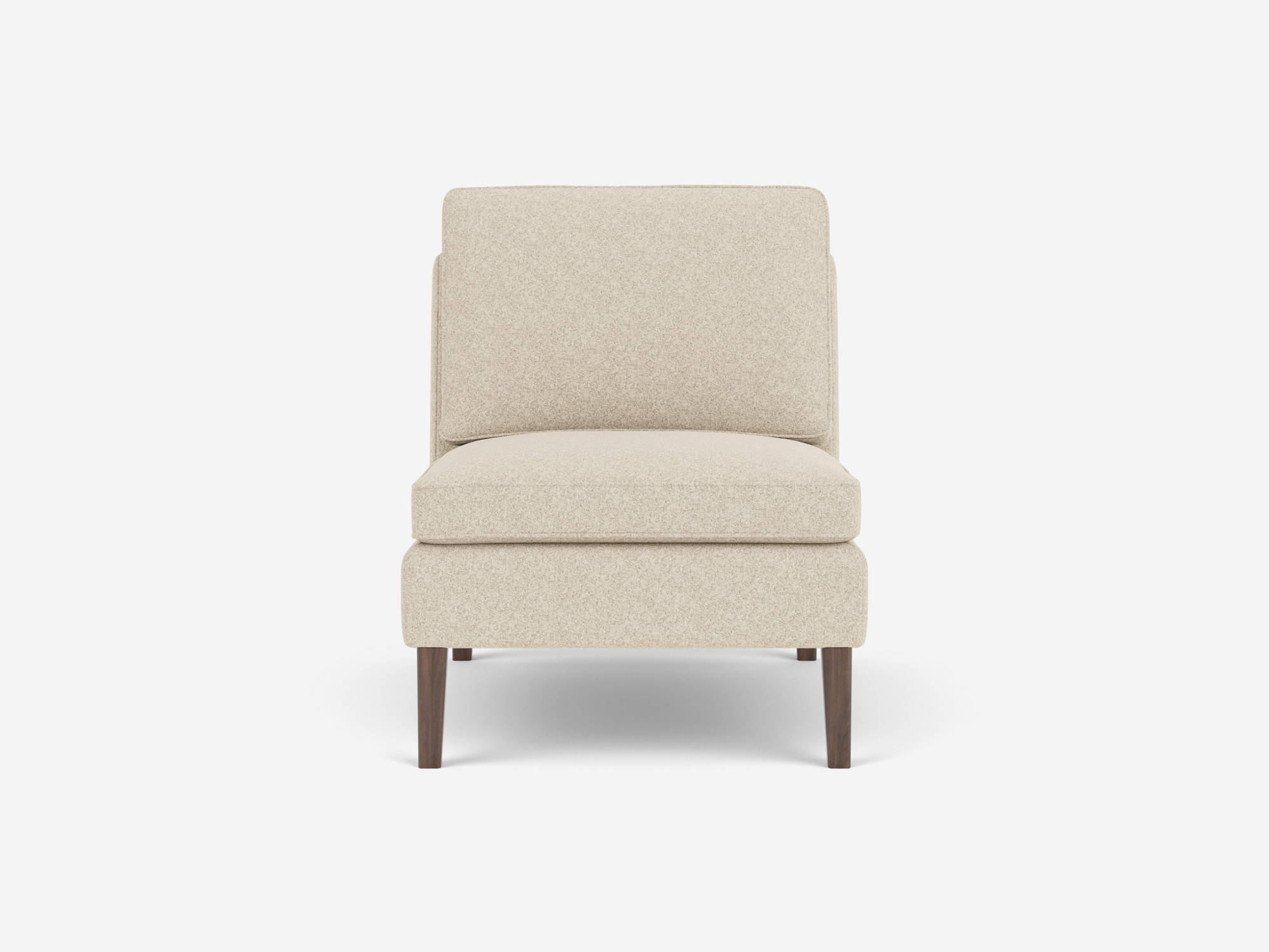 Front view of the Skye mid century modern armless chair in beige fabric