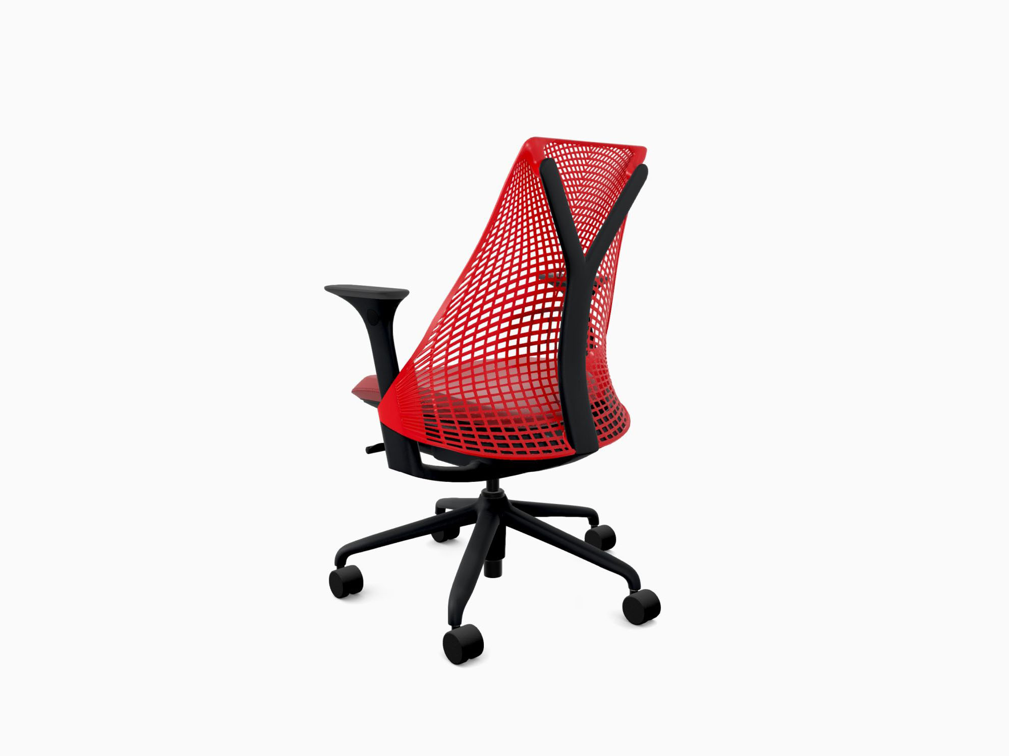 Herman Miller office chair with black base in crepe cherry back angle view