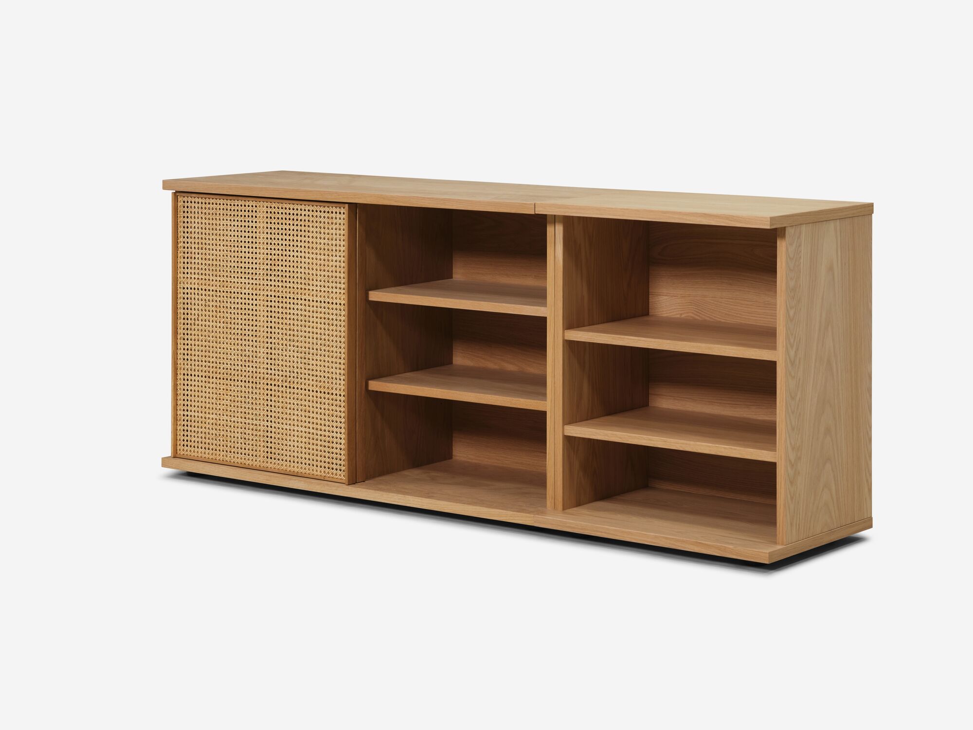 Medium oak office cabinet with cane screen on left front angle view