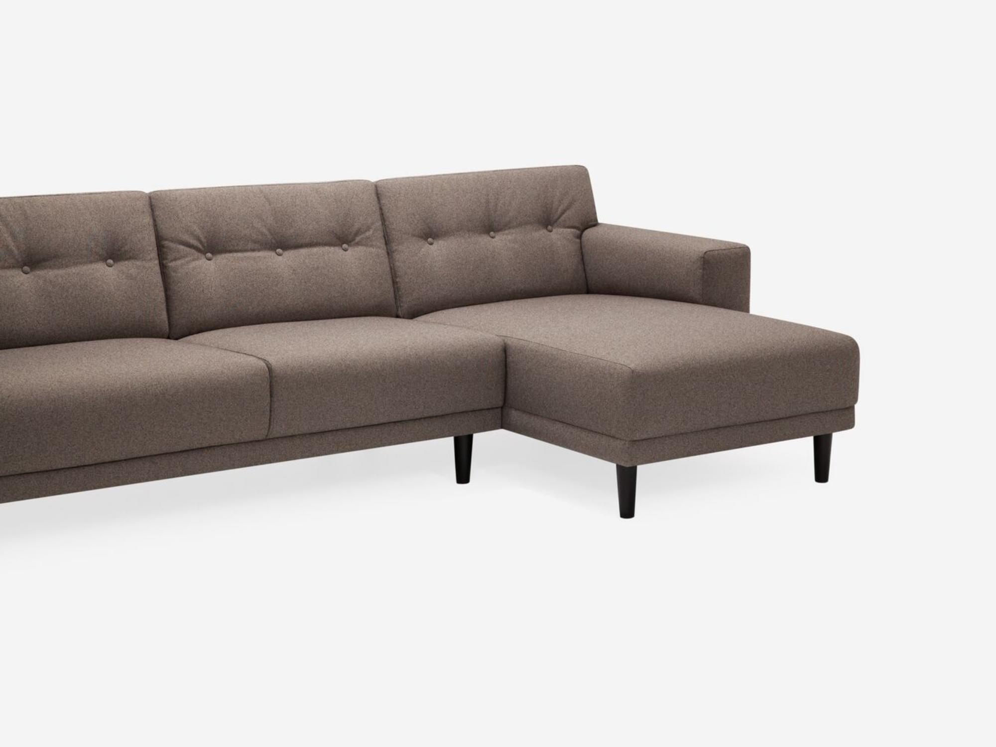 Detail view of the Remi 101" modern sectional chaise with buttons in grey fabric