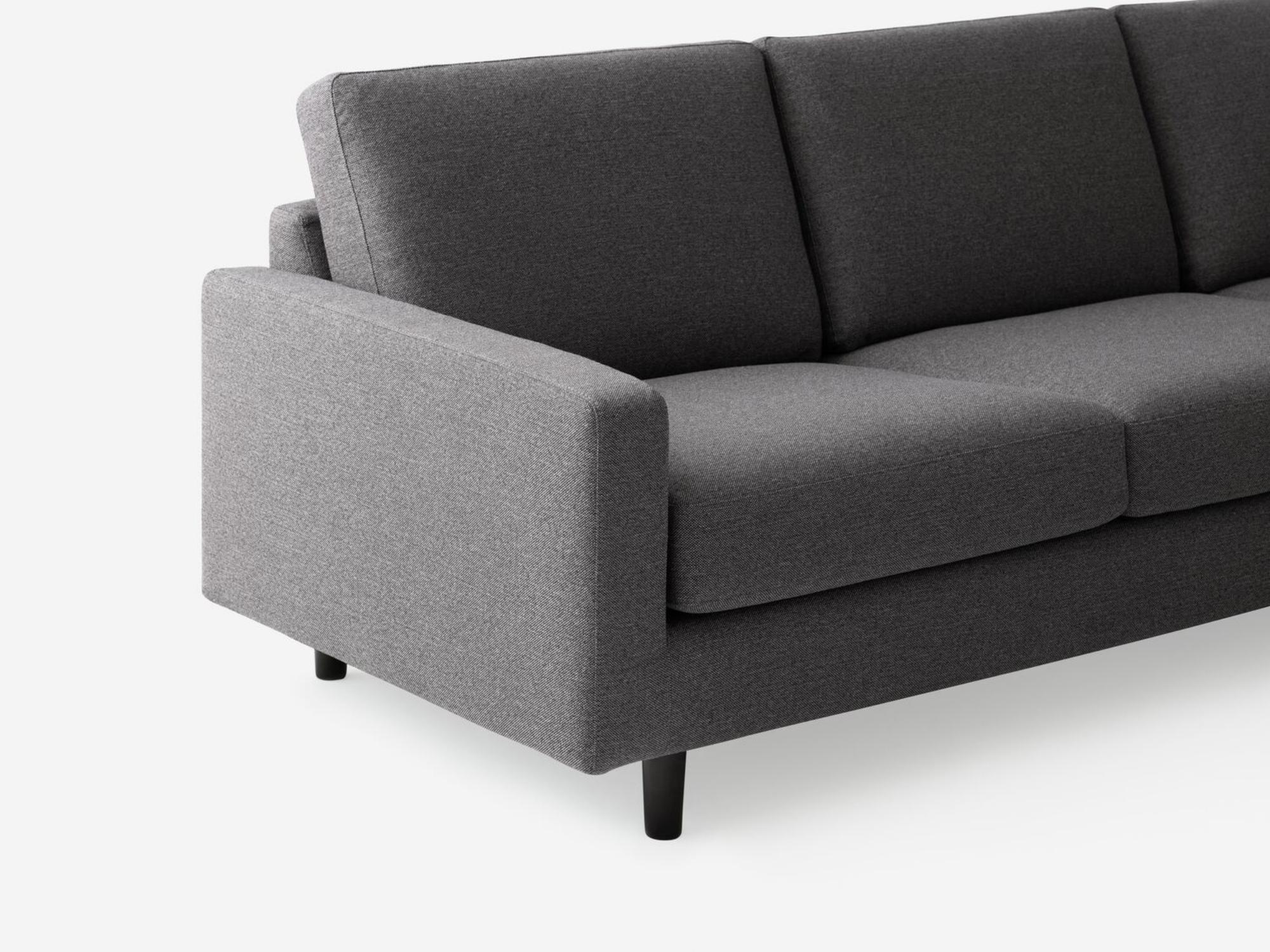 Detail view of the Oskar 4-piece modern sectional sofa left arm in gray fabric