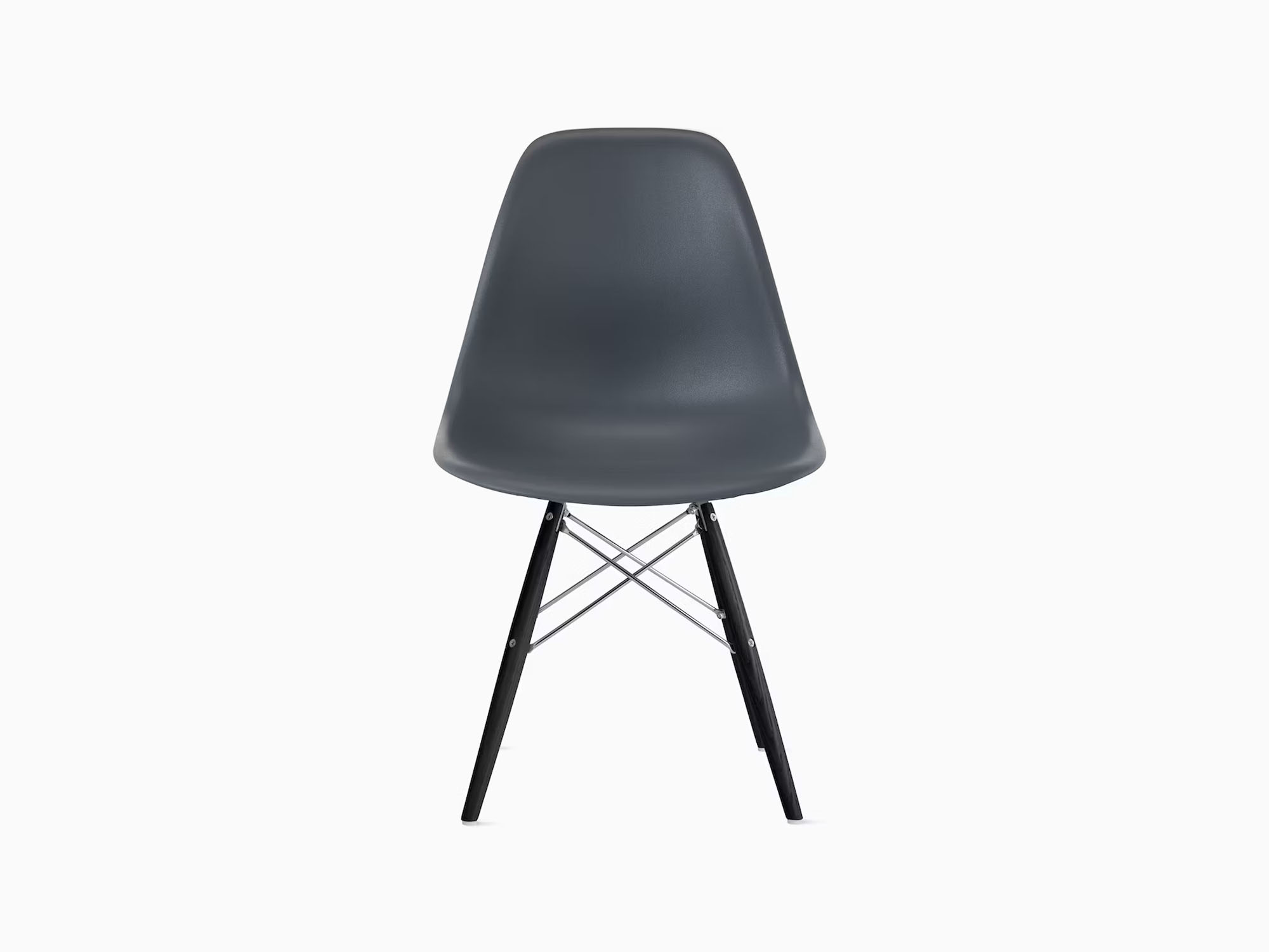 Front view of grey plastic chair with black dowels