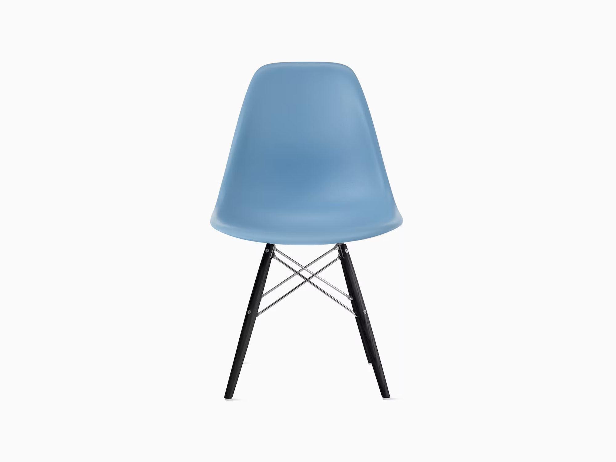 Front view of light blue plastic chair with black dowels