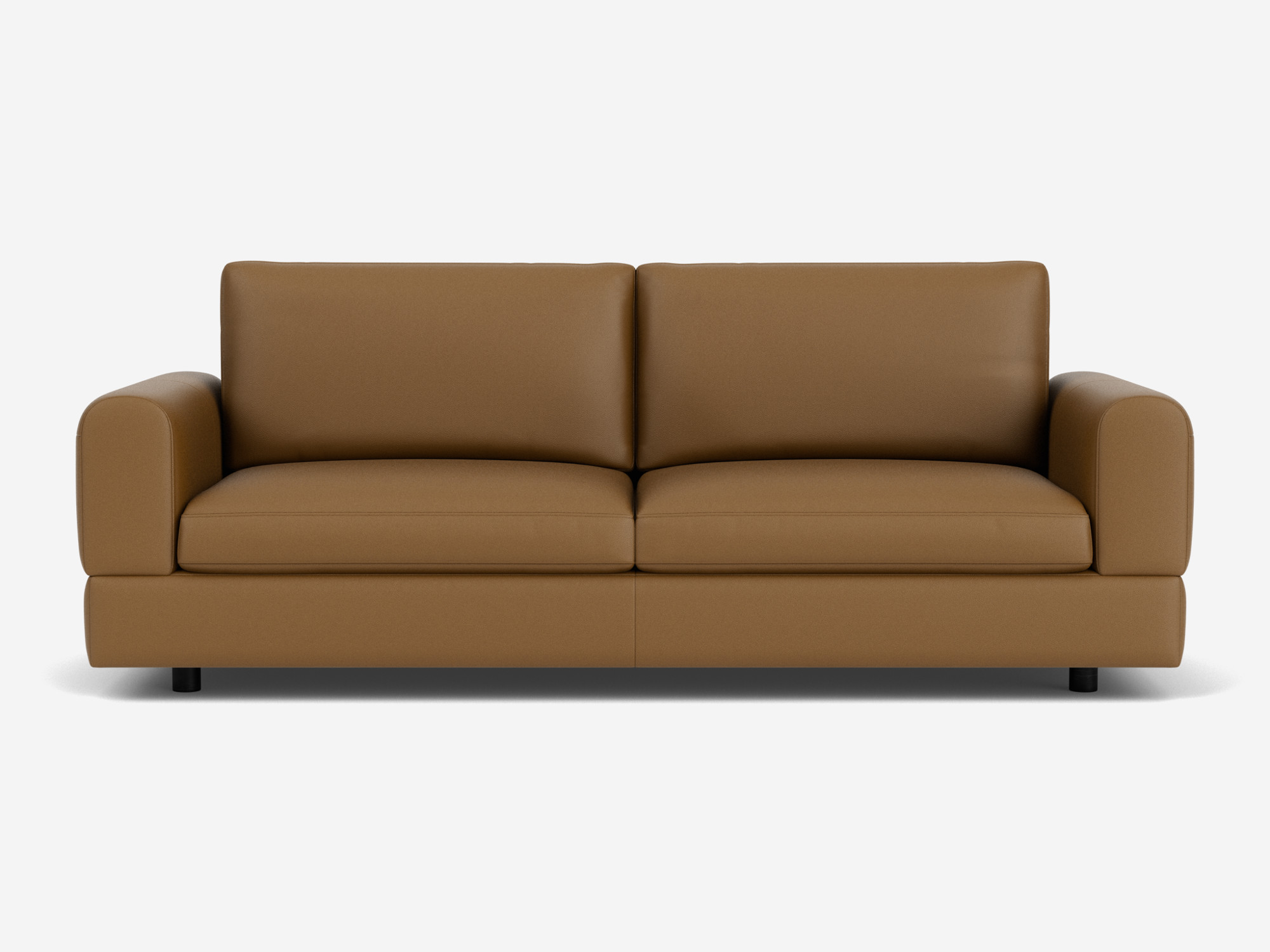 Front view of small brown leather sofa