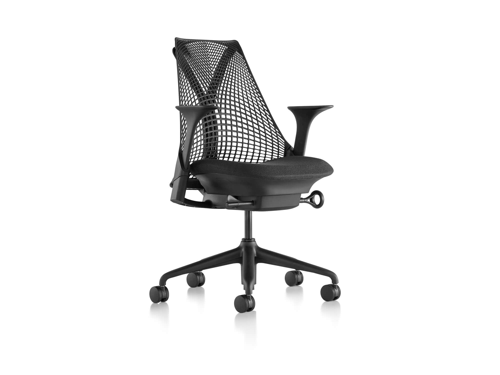 Front angle view of Herman Miller office chair with black base in rhythm black