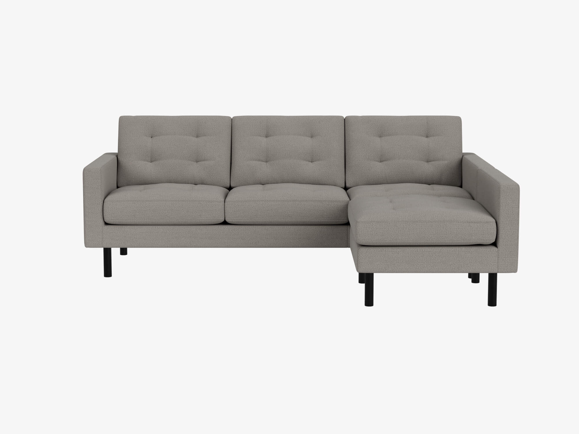 Front view of grey tufted sectional sofa with right hand chaise