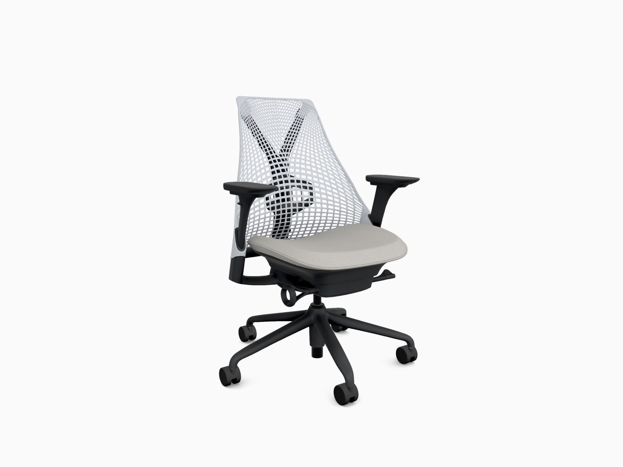 Herman Miller office chair with black base in crepe fog front angle view