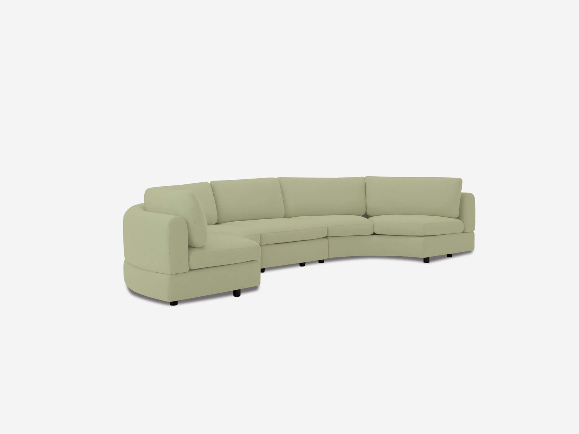 Light green curved sectional sofa front angle view