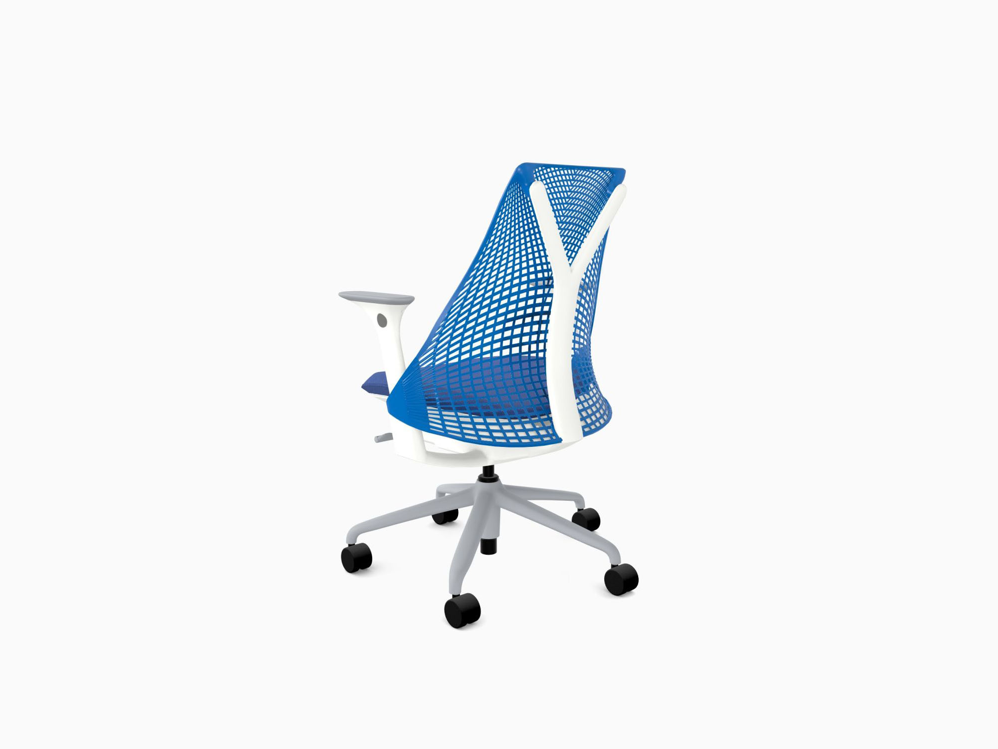 Herman Miller office chair with fog base in rhythm berry blue back angle view