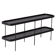 Front angle view of black wood console table